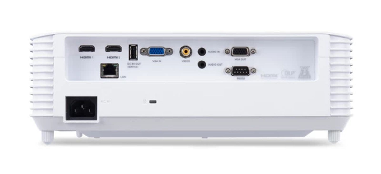 Weier Projektor mit Anschlssen wie HDMI, VGA, LAN, Audio und Strom.