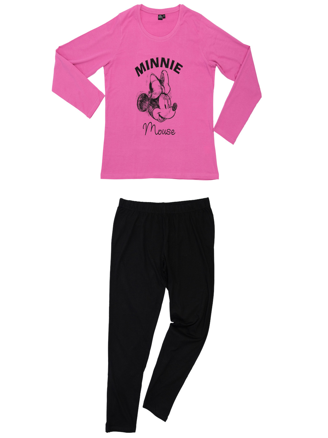 Ein pinker Schlafanzug mit langen Ärmeln und Minnie Maus-Aufdruck.