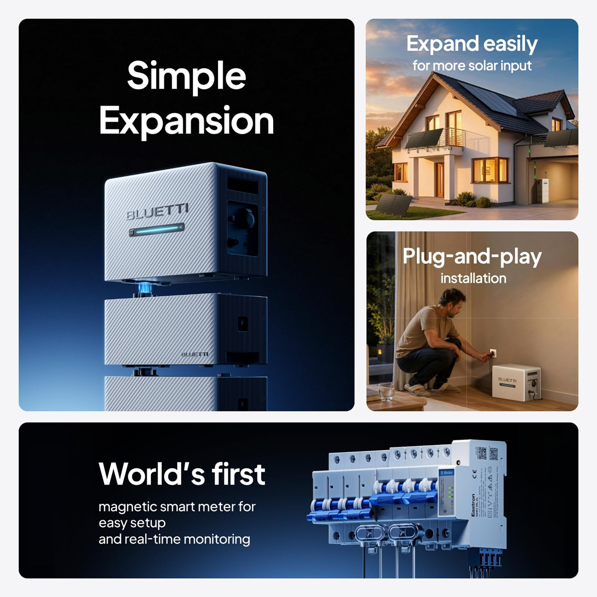 Einfache Erweiterung von BLUETTI-Geräten, Haus mit Solarmodulen, Mann schließt Gerät an, Stromzähler.