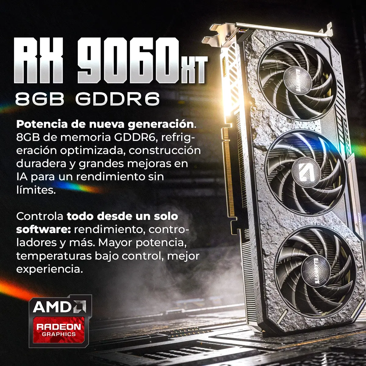 Scheda grafica AMD Radeon RX 9060HT con 8GB GDDR6, design a tripla ventola.
