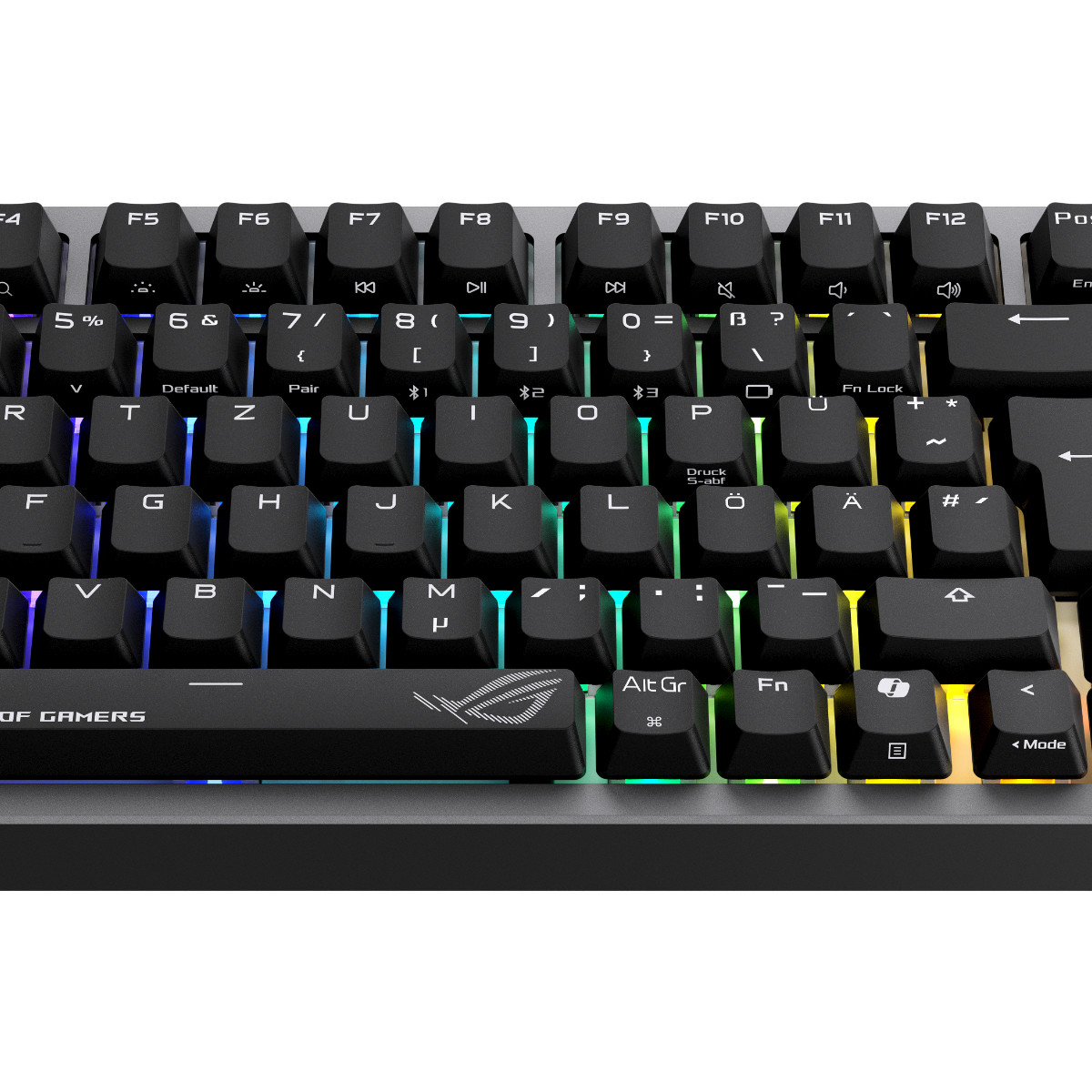 Un primo piano di una tastiera nera con illuminazione RGB. I tasti sono etichettati con lettere e simboli.