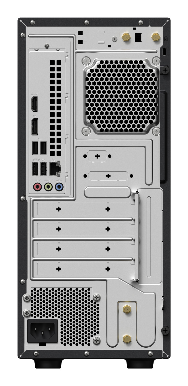 Parte trasera de un PC con puertos: HDMI, DP, USB, Audio, Ethernet, Alimentación.