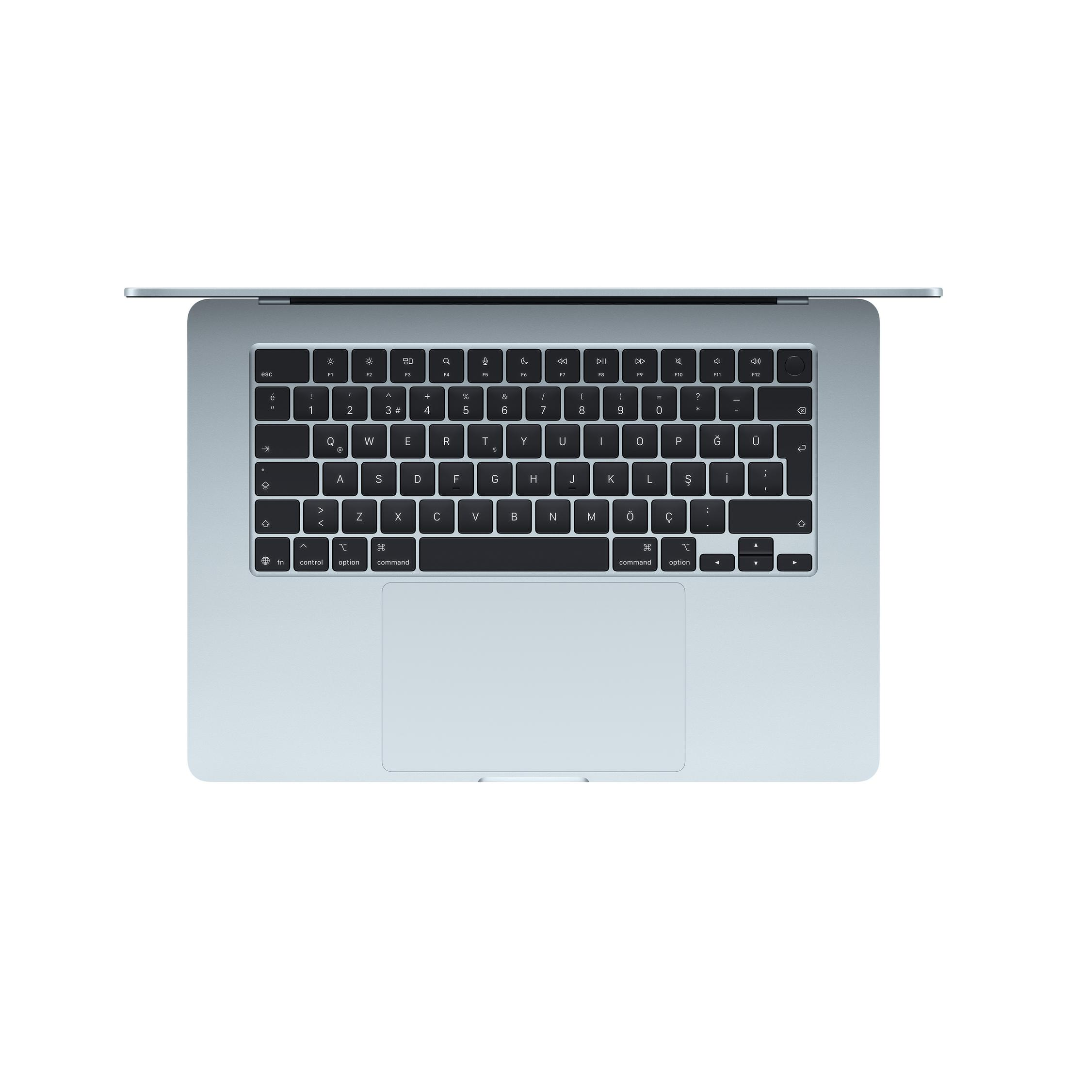 Beyaz arka plan üzerinde touchpad'li açık gümüş rengi dizüstü bilgisayar klavyesi.