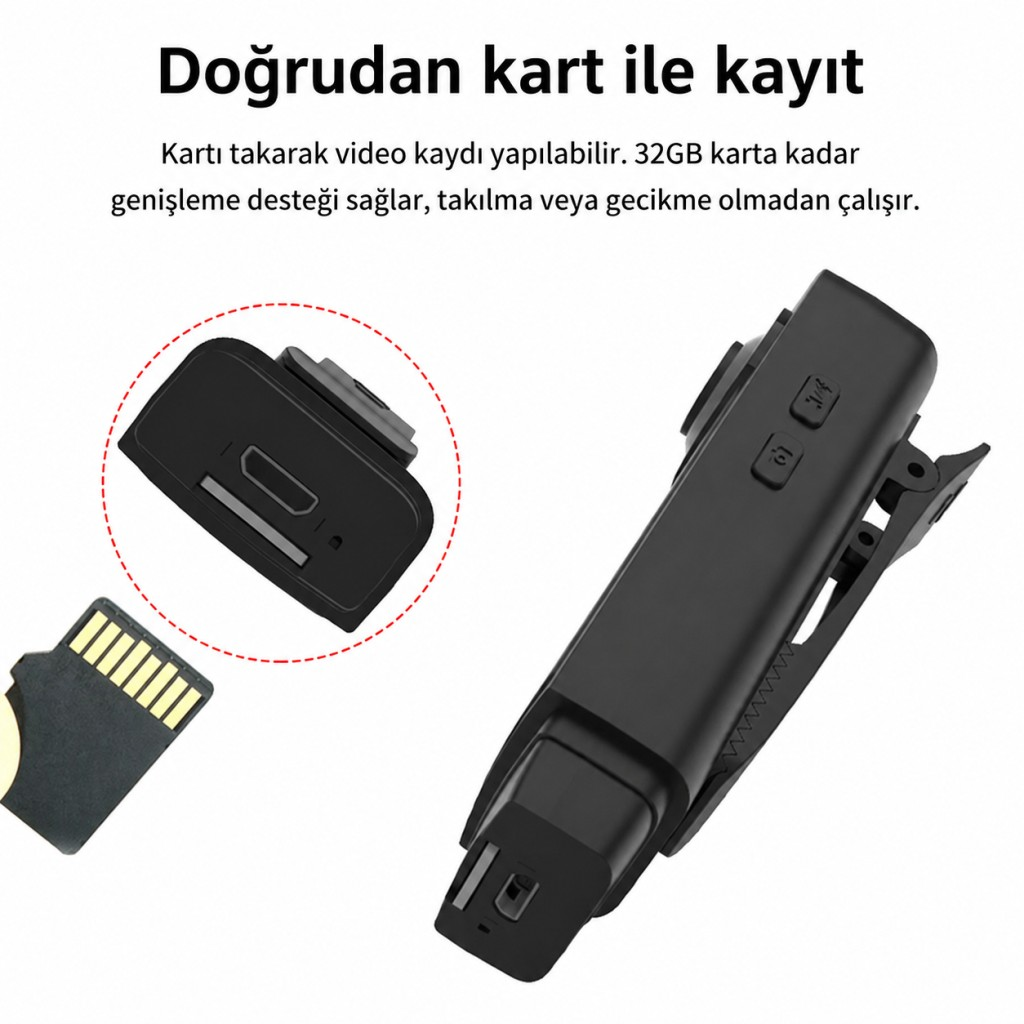 SD kartlı ve USB portlu siyah kayıt cihazı.