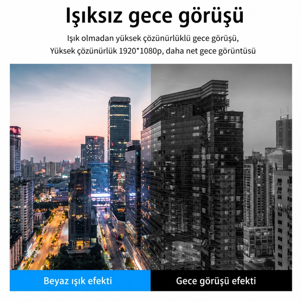 Şehir manzarası gece, solda renkli, sağda siyah beyaz.