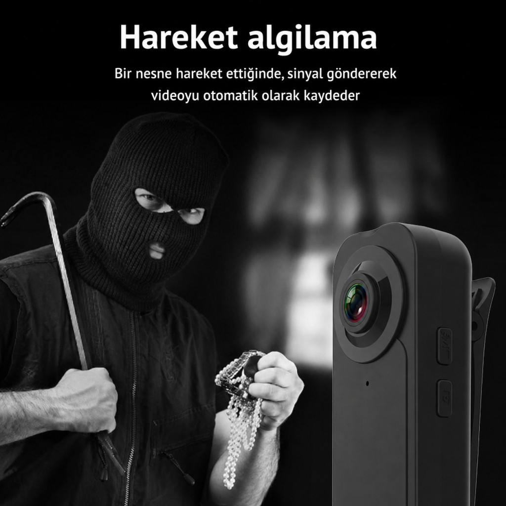 Maskeli bir adam, bir kameranın yanında levye ve mücevher tutuyor.