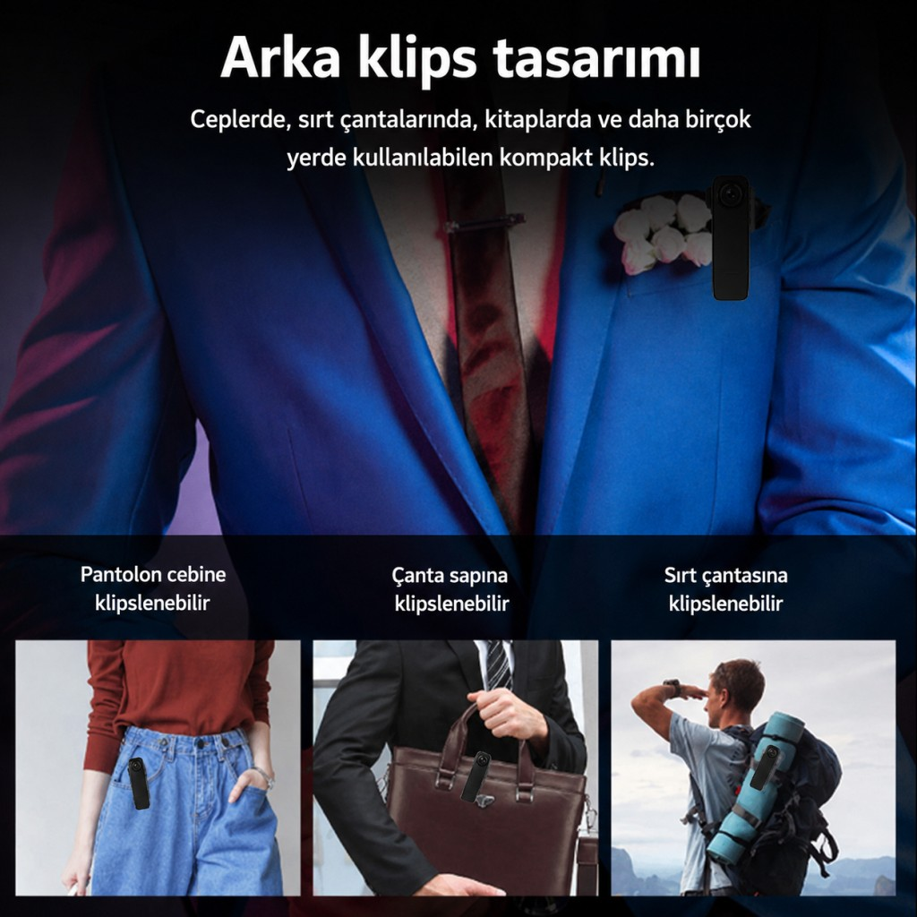Mavi takım elbiseli adam, cepte klips. Resimler pantolon, çanta ve sırta takıldığını gösteriyor.