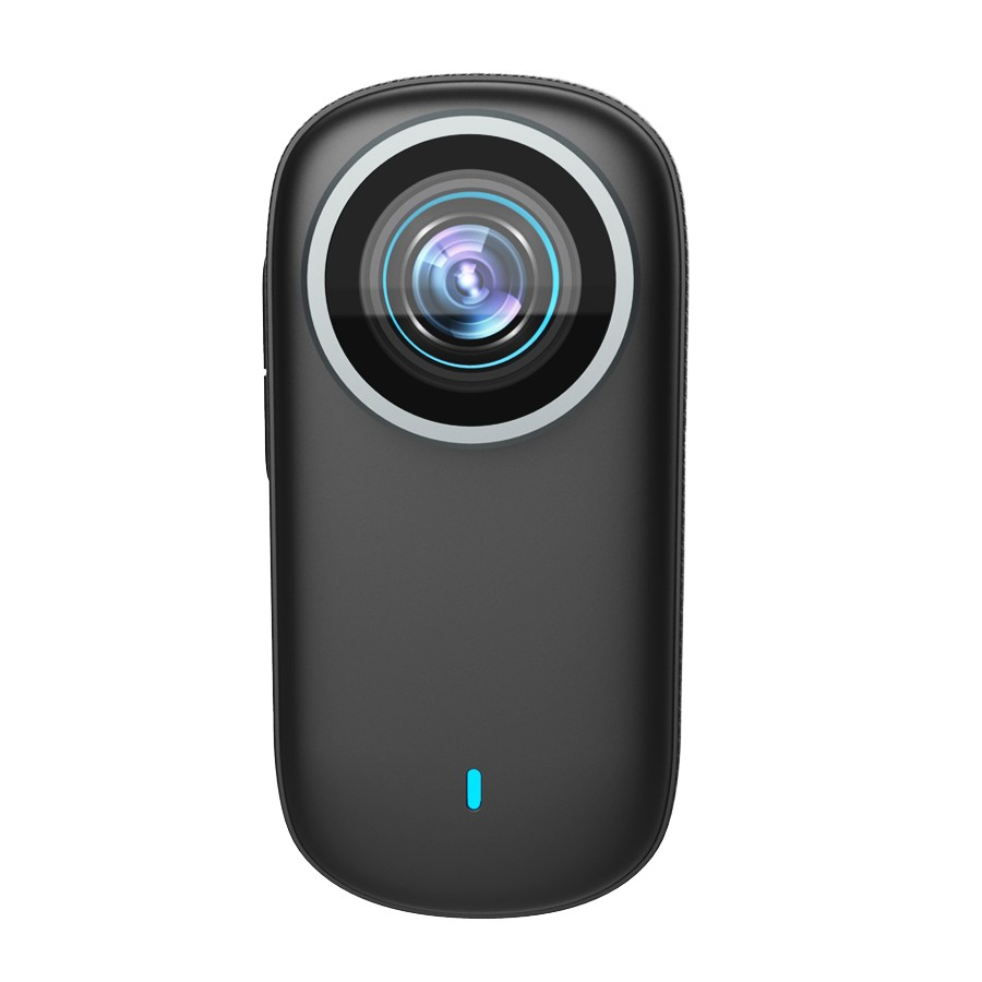 Altta mavi ışıklı siyah bir 360 derecelik kamera.