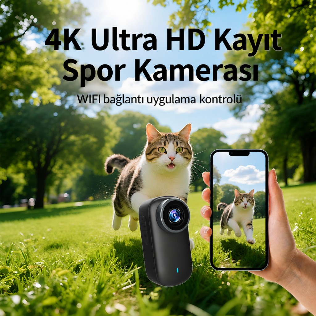 Bir kedi çimlerde zıplıyor, yanında spor kamerası ve telefon var.