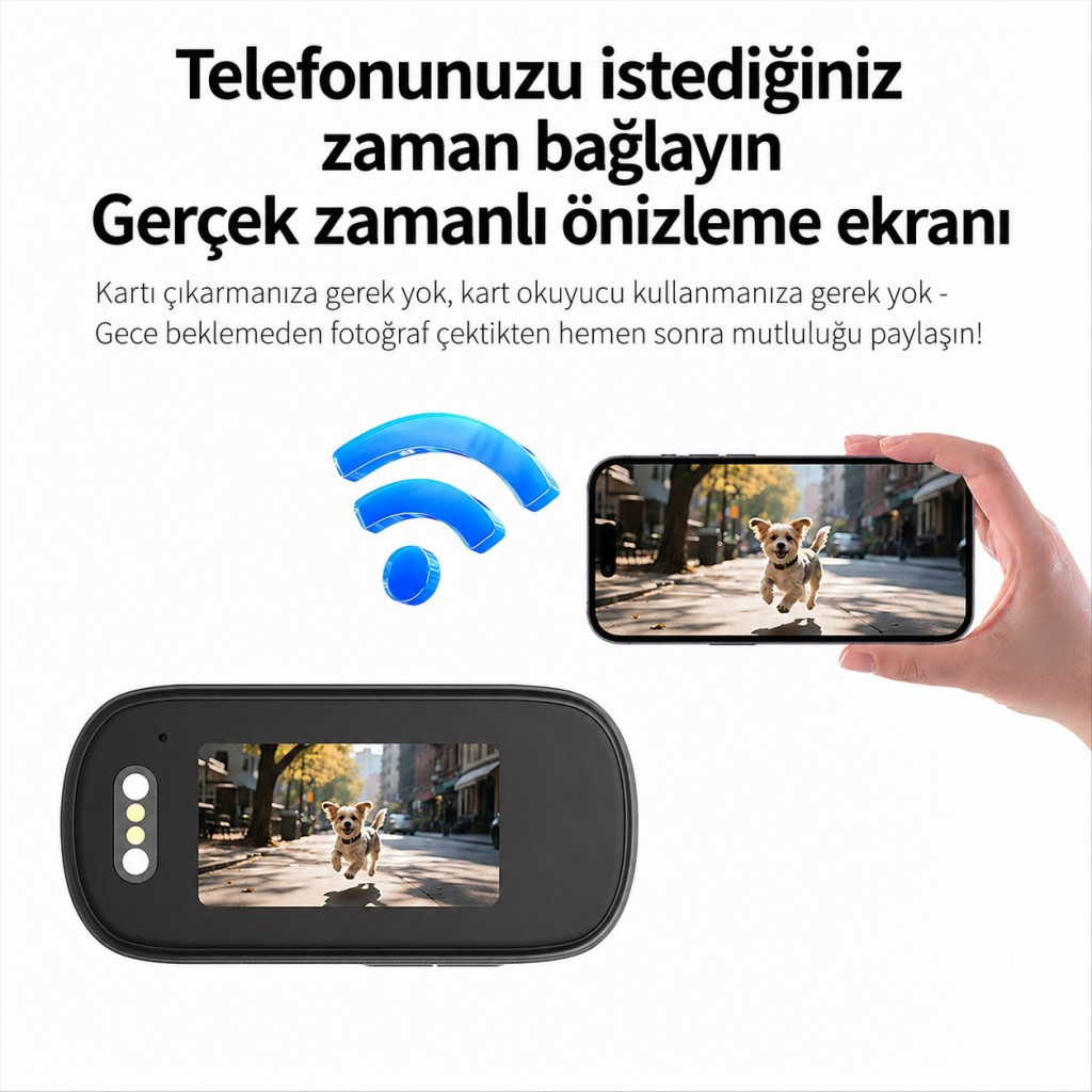 Siyah bir cihaz, koşan bir köpeğin fotoğrafını gösteriyor. Bir telefon aynı görüntüyü gösteriyor.