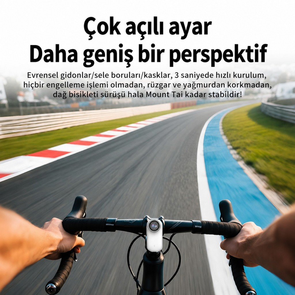 Kamera ve pist manzaralı bisiklet gidonu, kırmızı beyaz çizgiler.