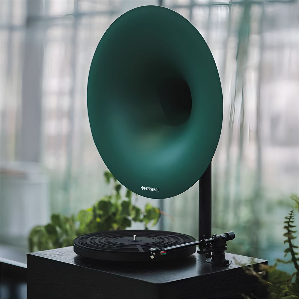 Ahşap bir stant üzerinde koyu yeşil gramofon ve pikap bulunur. Bitkiler görünür.