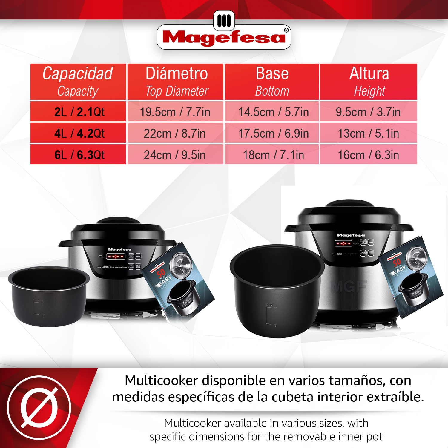 Tabla con tamaños de multicooker e imágenes de olla y cocedor.