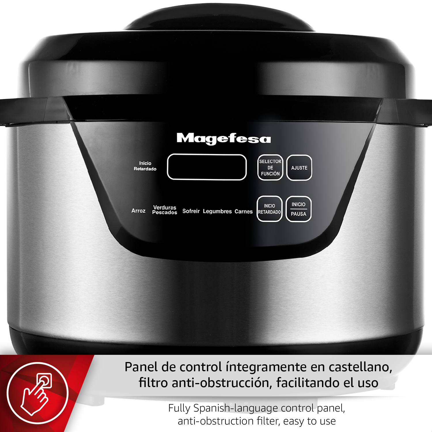 Primer plano de un panel de control digital con botones para arroz, verduras y carne.