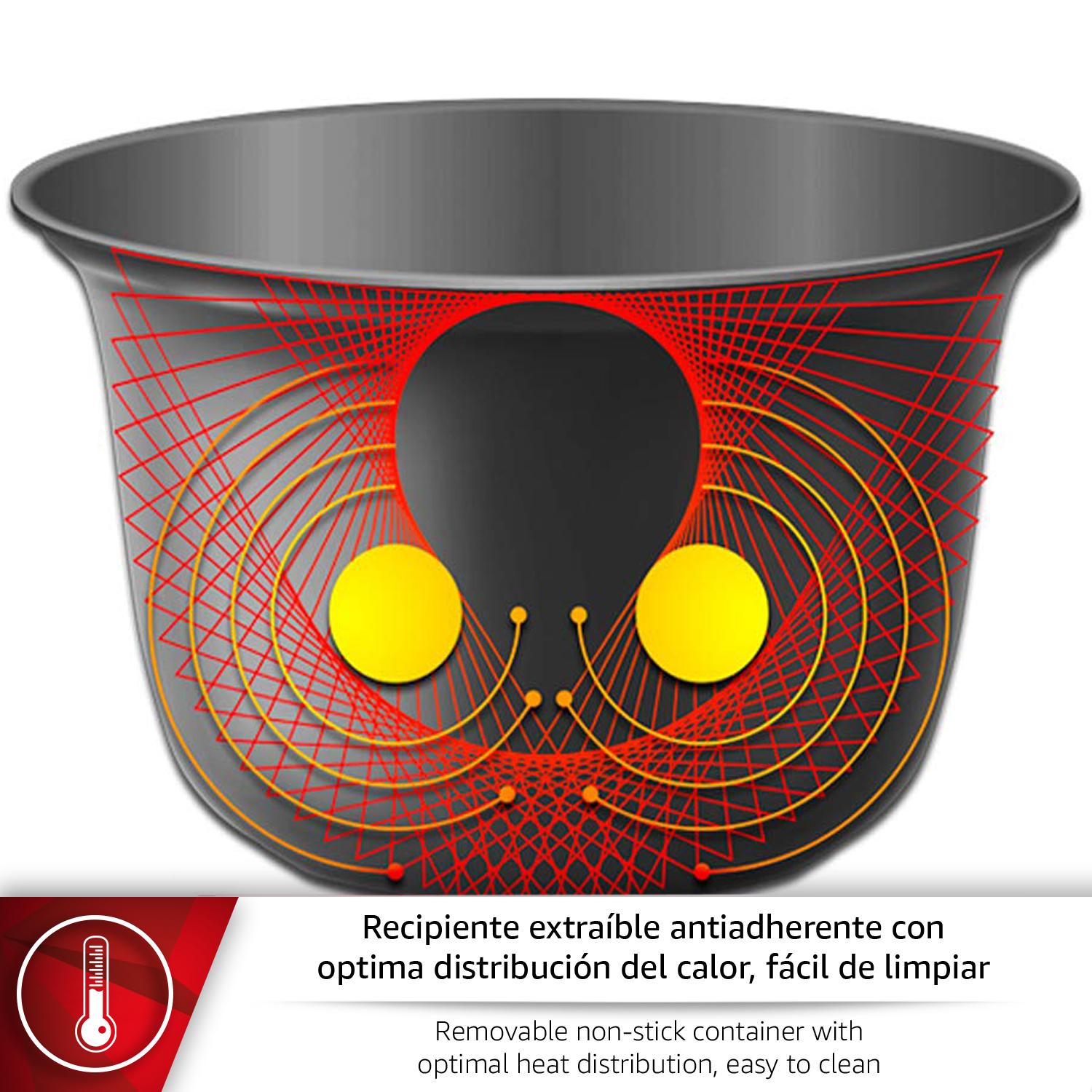 Contenedor gris con gráfico de distribución de calor rojo y amarillo. Icono termómetro.