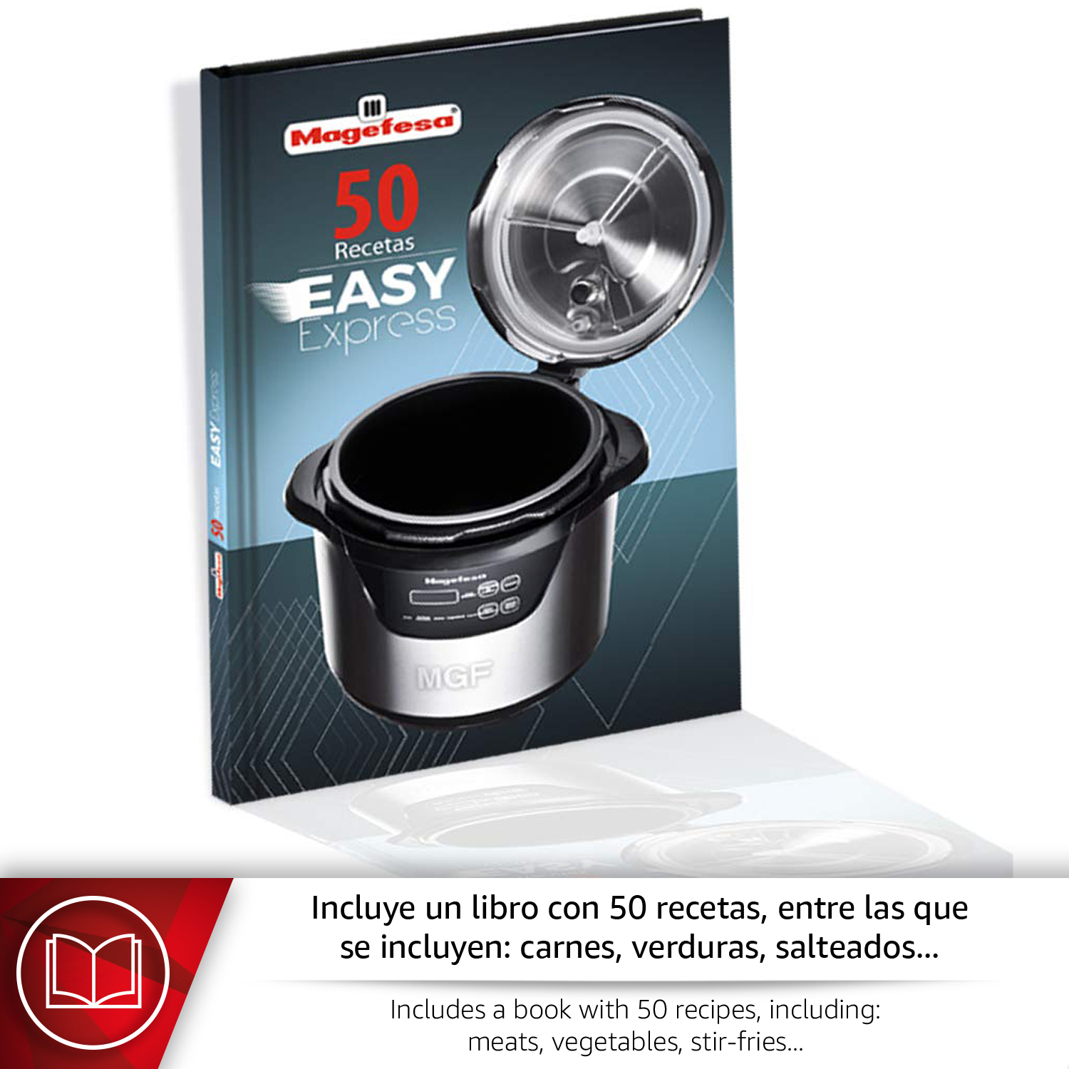 Un libro de cocina con 50 recetas para una olla a presión.