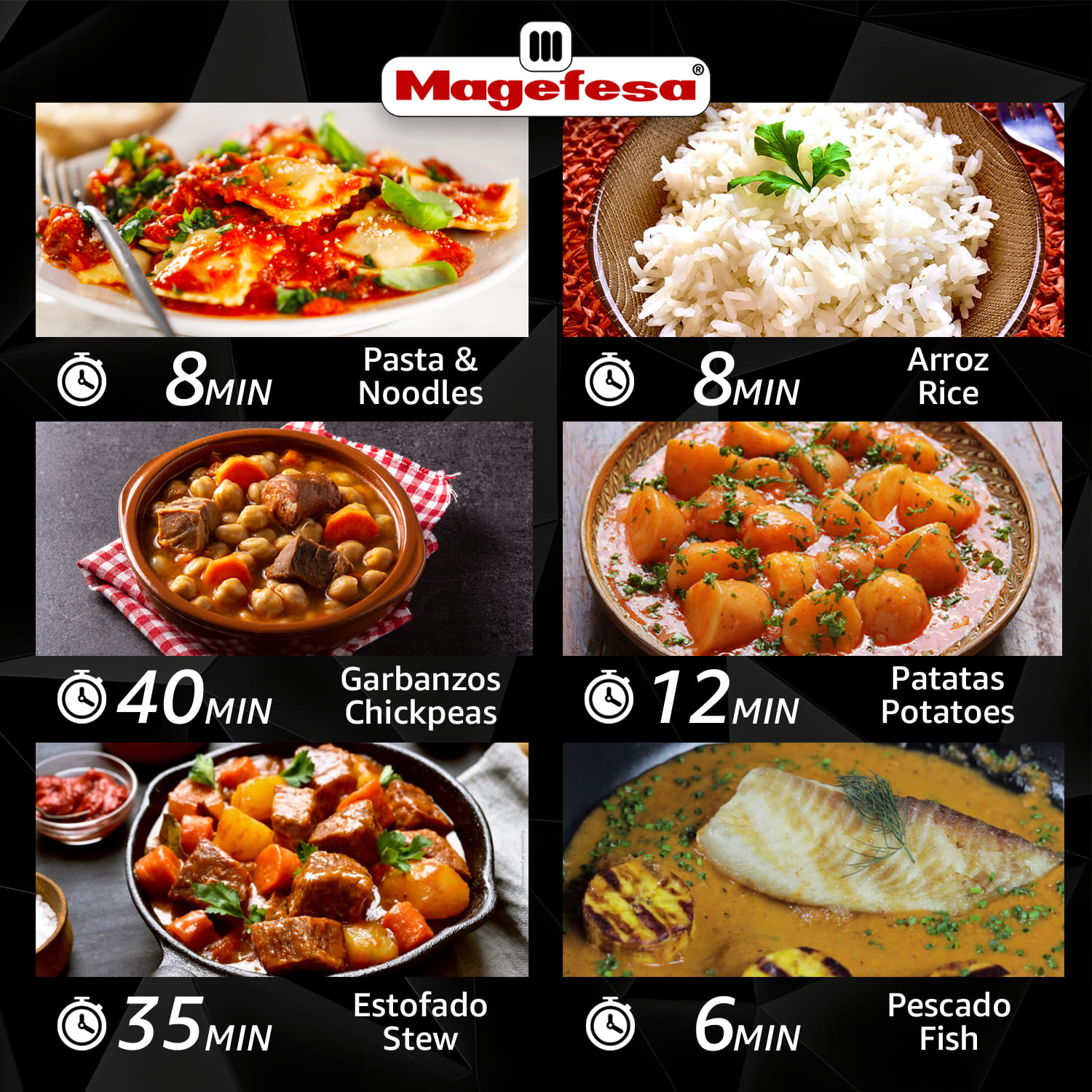 Platos de ravioli en salsa de tomate, arroz, garbanzos, patatas, estofado y pescado.