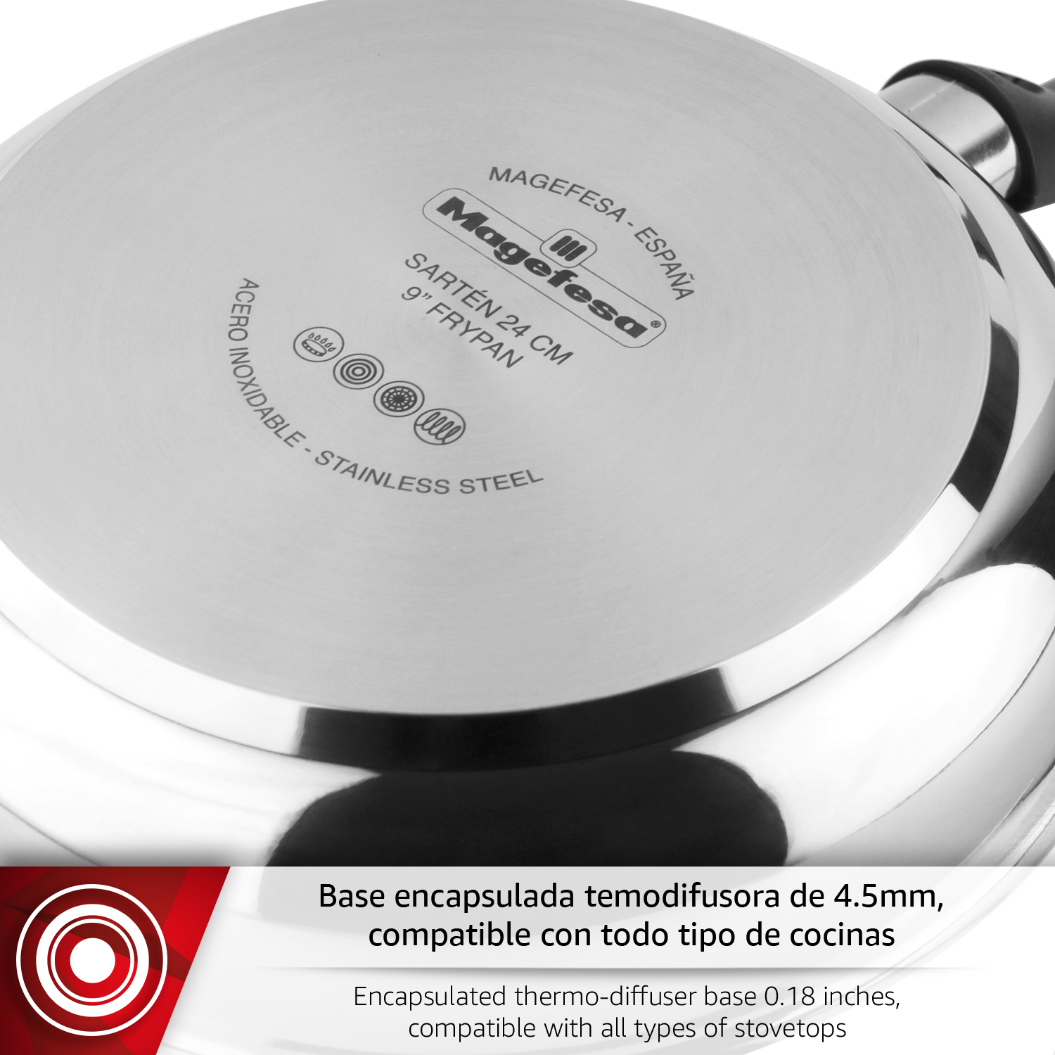Sartén de acero inoxidable con base termodifusora de 4,5mm, compatible.