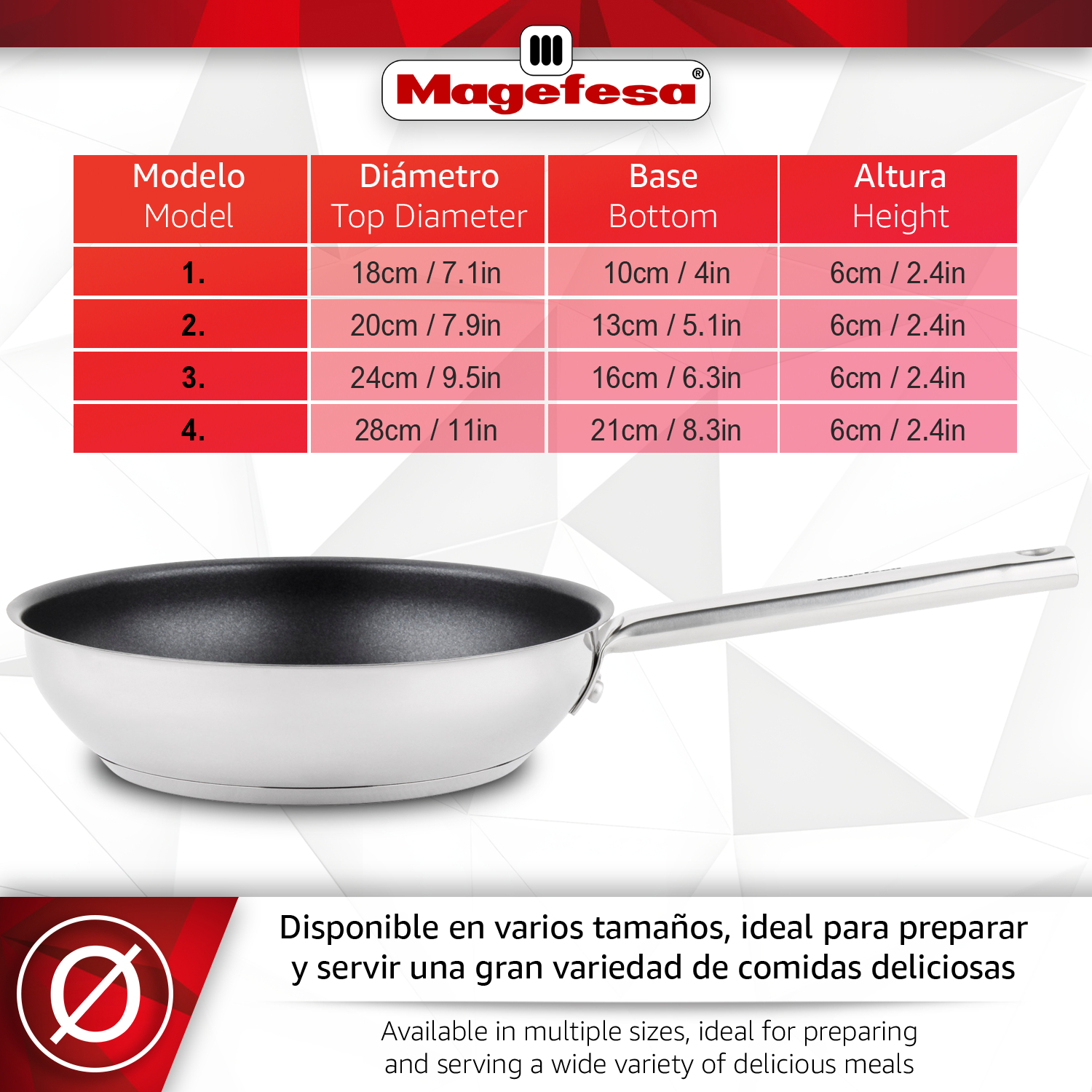 Sartén de acero inoxidable con tabla de tamaños y medidas. Logo Magefesa arriba.