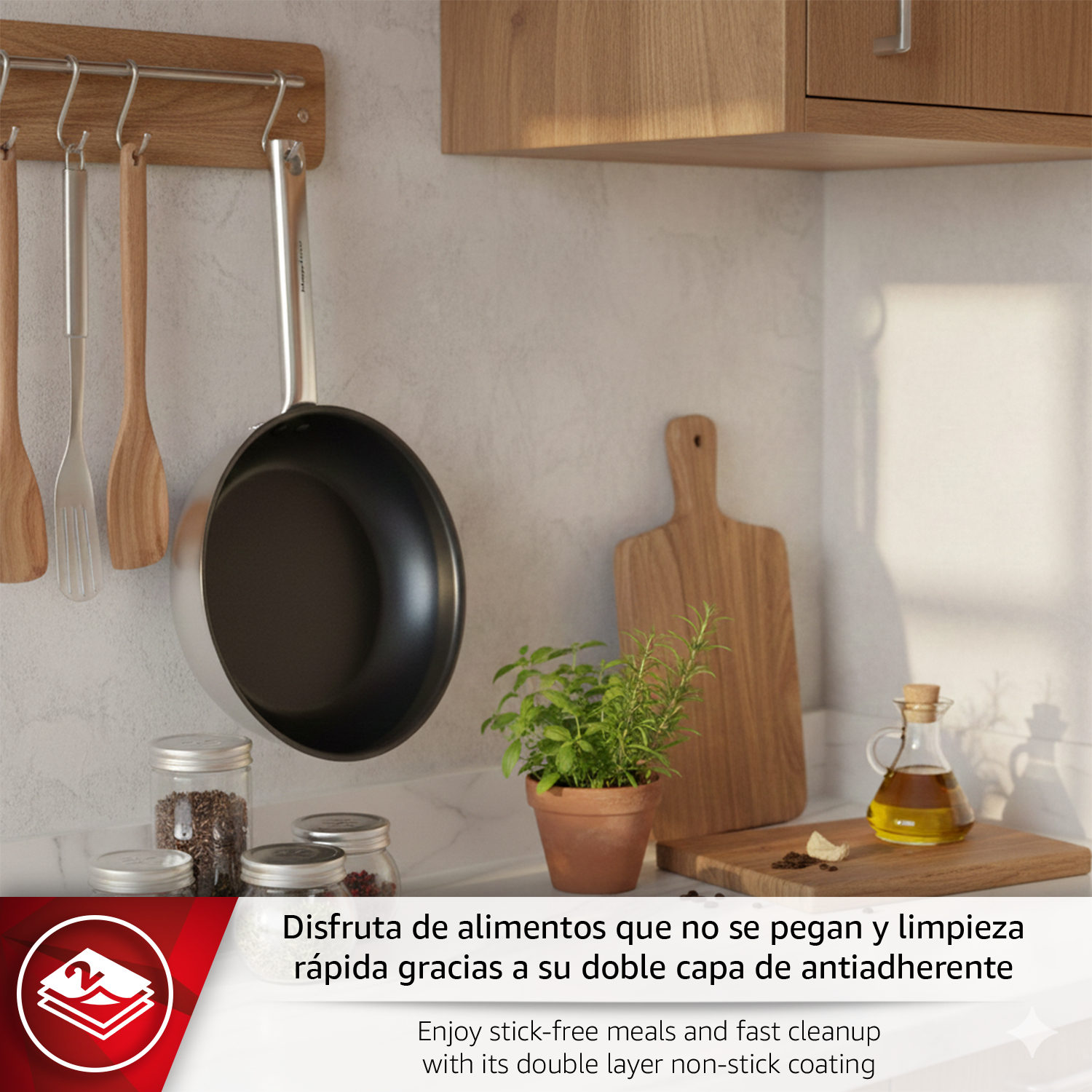 Cocina con sartén, utensilios, hierbas y aceite. Doble capa.