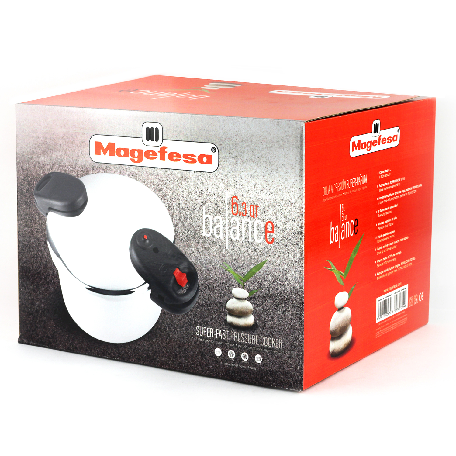 Caja de olla a presión Magefesa con marca e imagen del producto.
