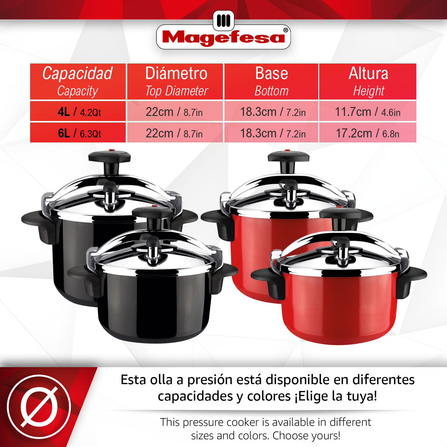 Dos ollas a presión, una negra y una roja, con tabla de tallas al fondo.