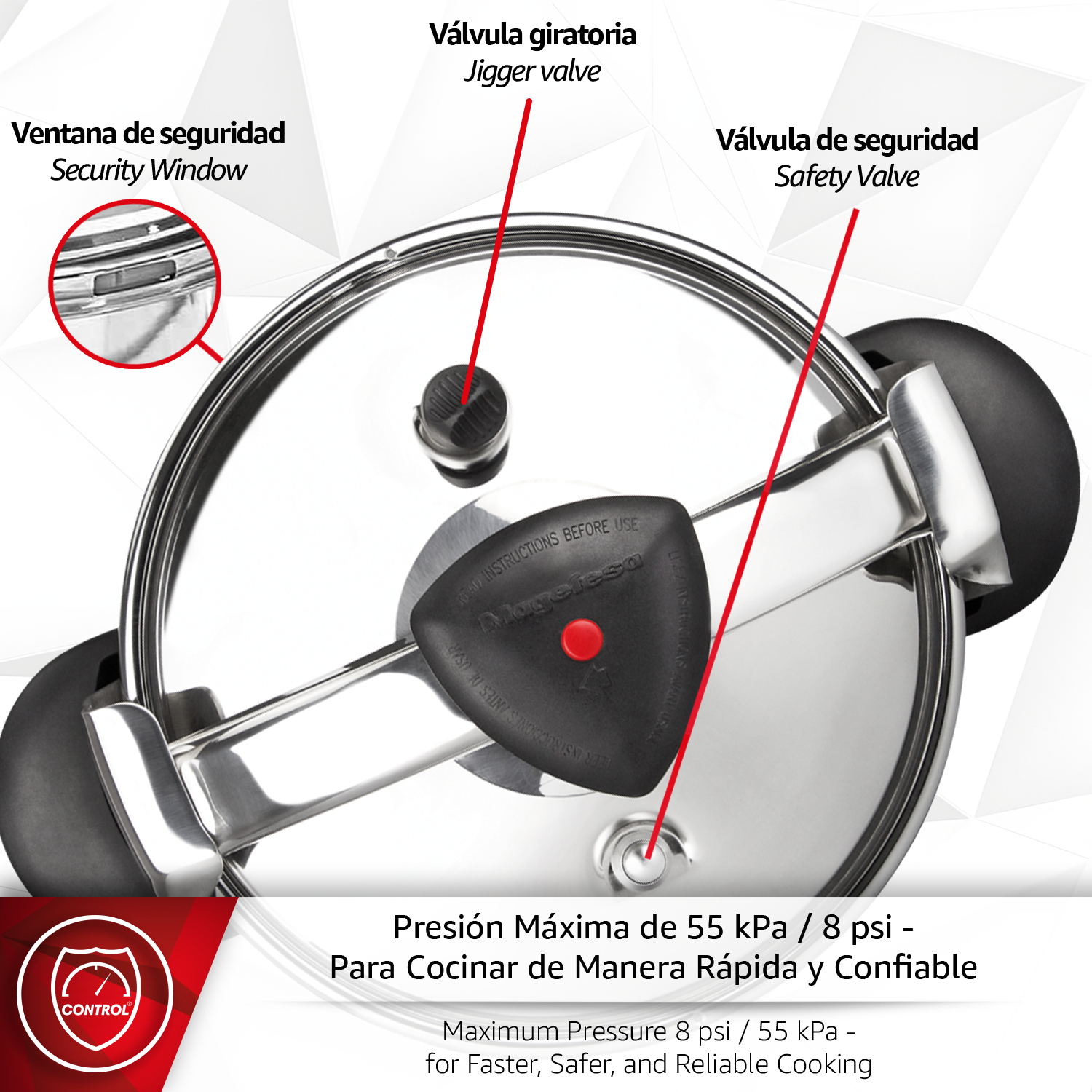 Vista superior de tapa de olla a presión con válvula de seguridad y ventana.