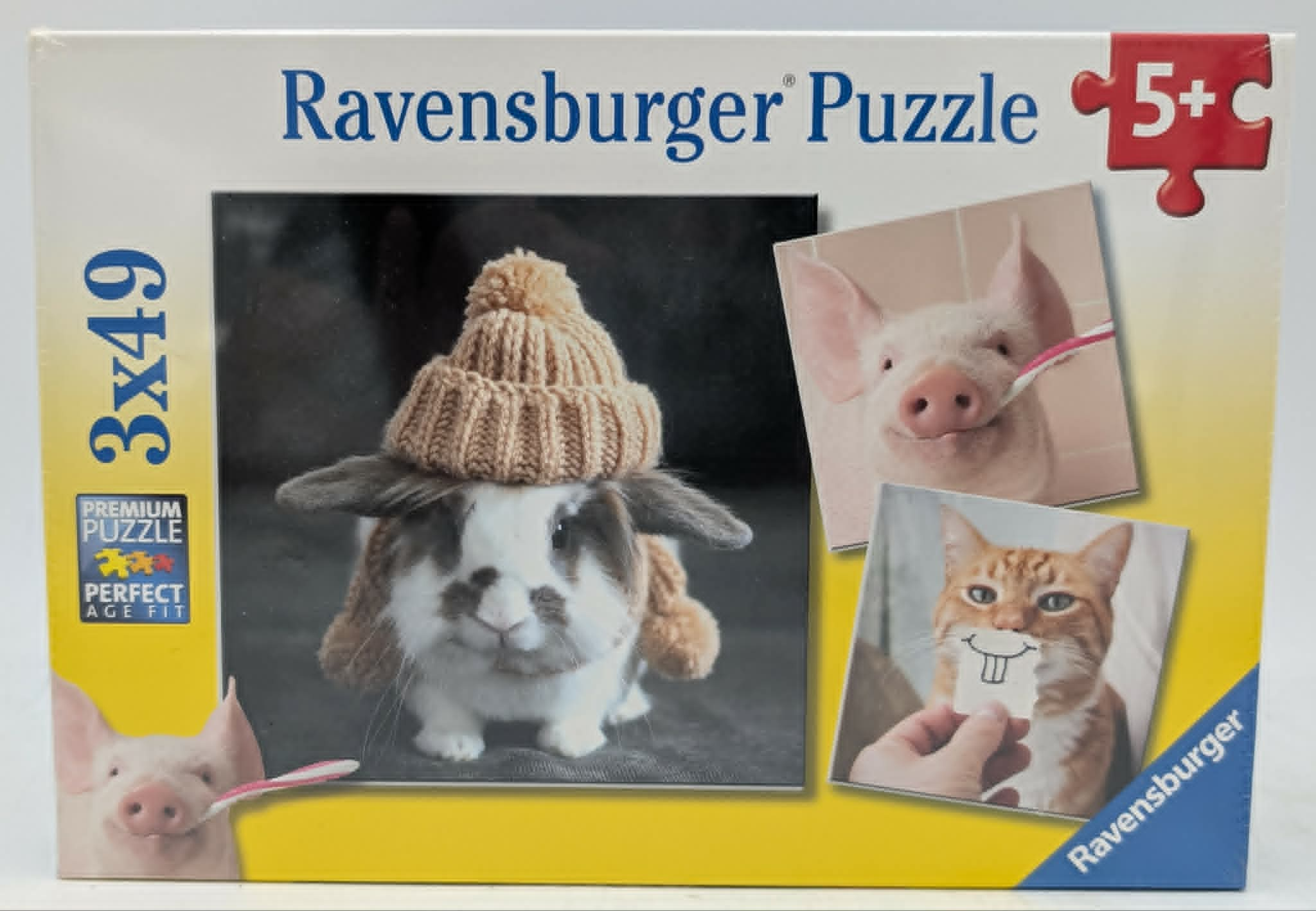 Ravensburger Puzzle: Kaninchen mit Mütze, Schwein putzt Zähne, Katze mit Lächeln.