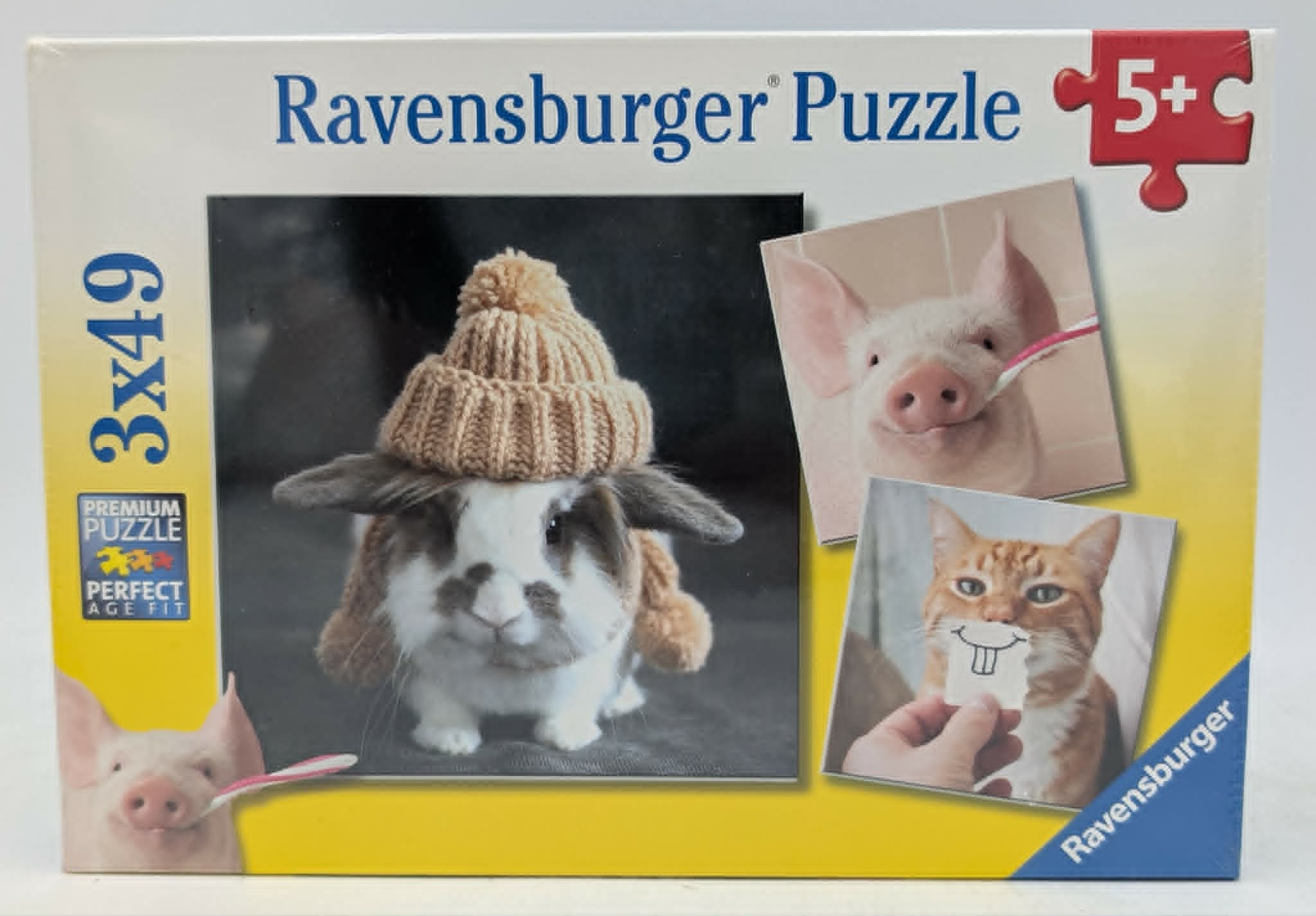 Ravensburger Puzzle 3x49: Hase mit Mütze, Schwein und Katze.