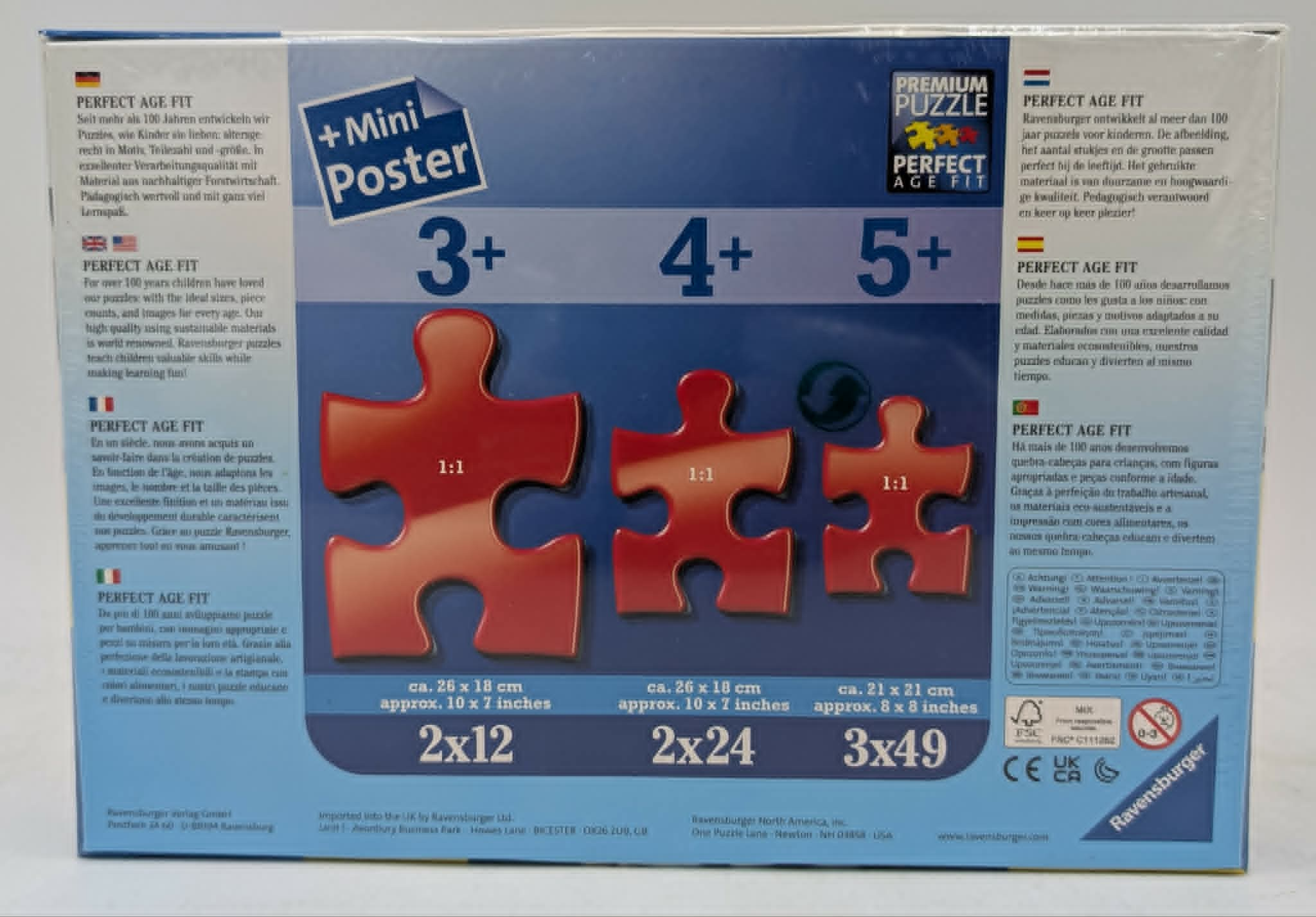 Puzzle-Verpackung mit roten Puzzleteilen und Altersangaben 3+, 4+, 5+.