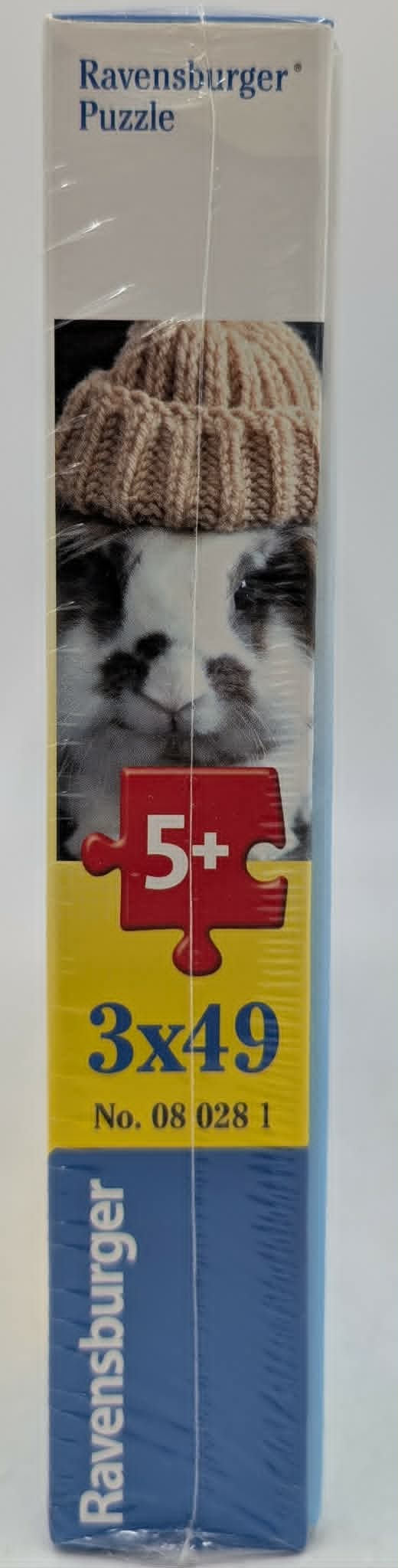 Ravensburger Puzzle mit Kaninchen im Beanie, 5+, 3x49 Teile.