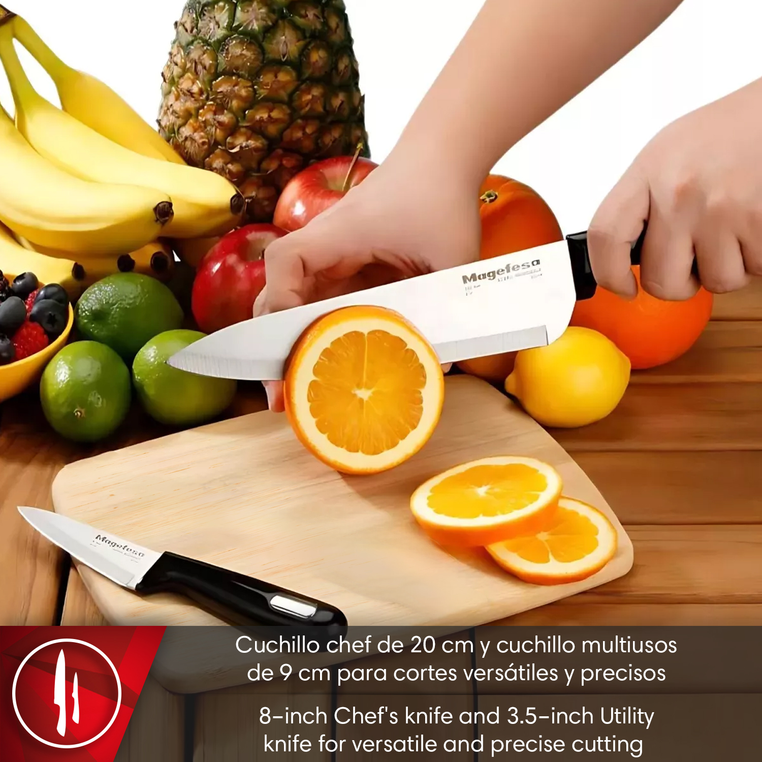 Una mano corta una naranja con un cuchillo de chef, rodeada de frutas.