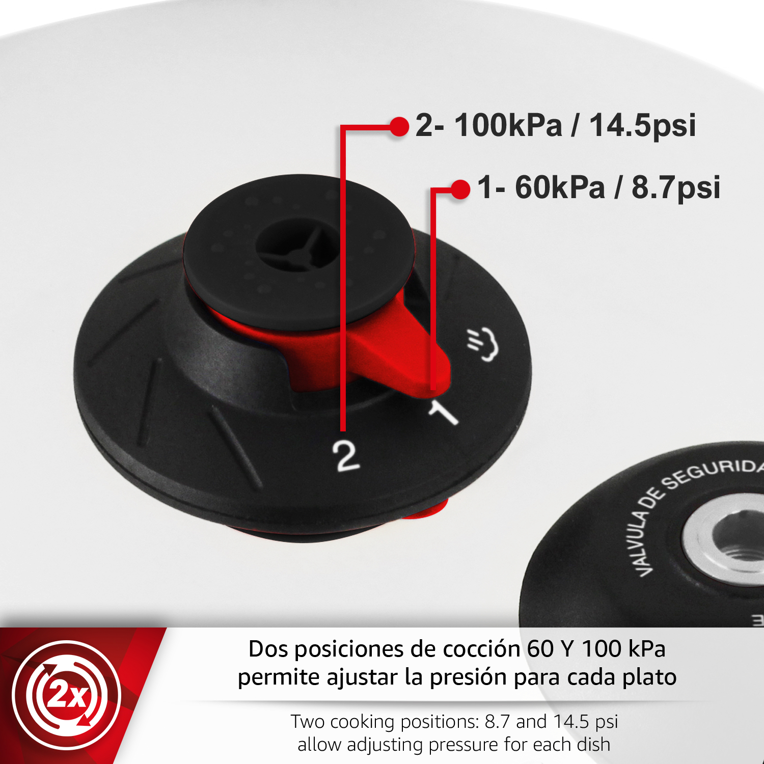 Un regulador de presión negro con palanca roja muestra los ajustes 1 (60kPa) y 2 (100kPa).