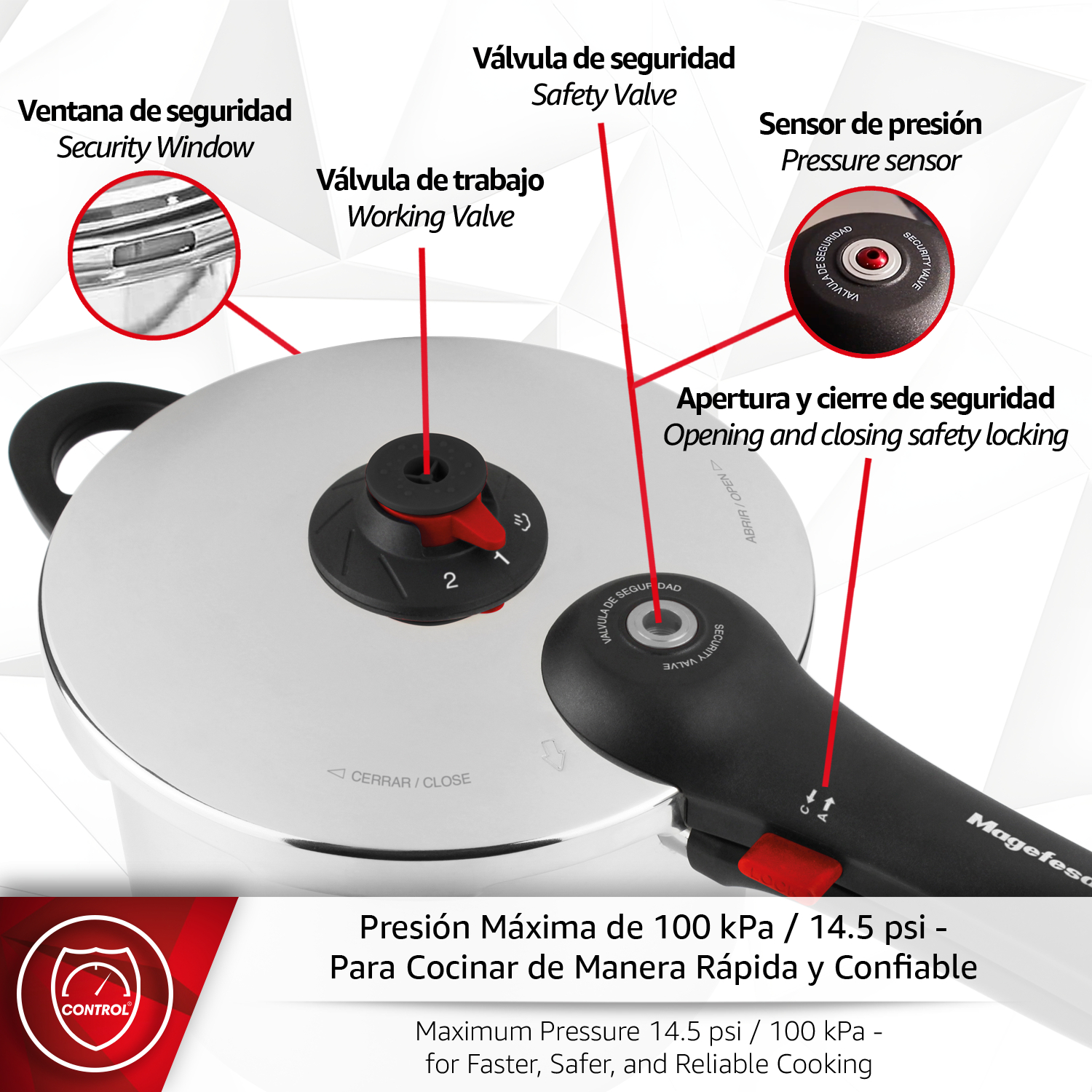 Olla a presión con válvula de seguridad, válvula de trabajo y sensor de presión.