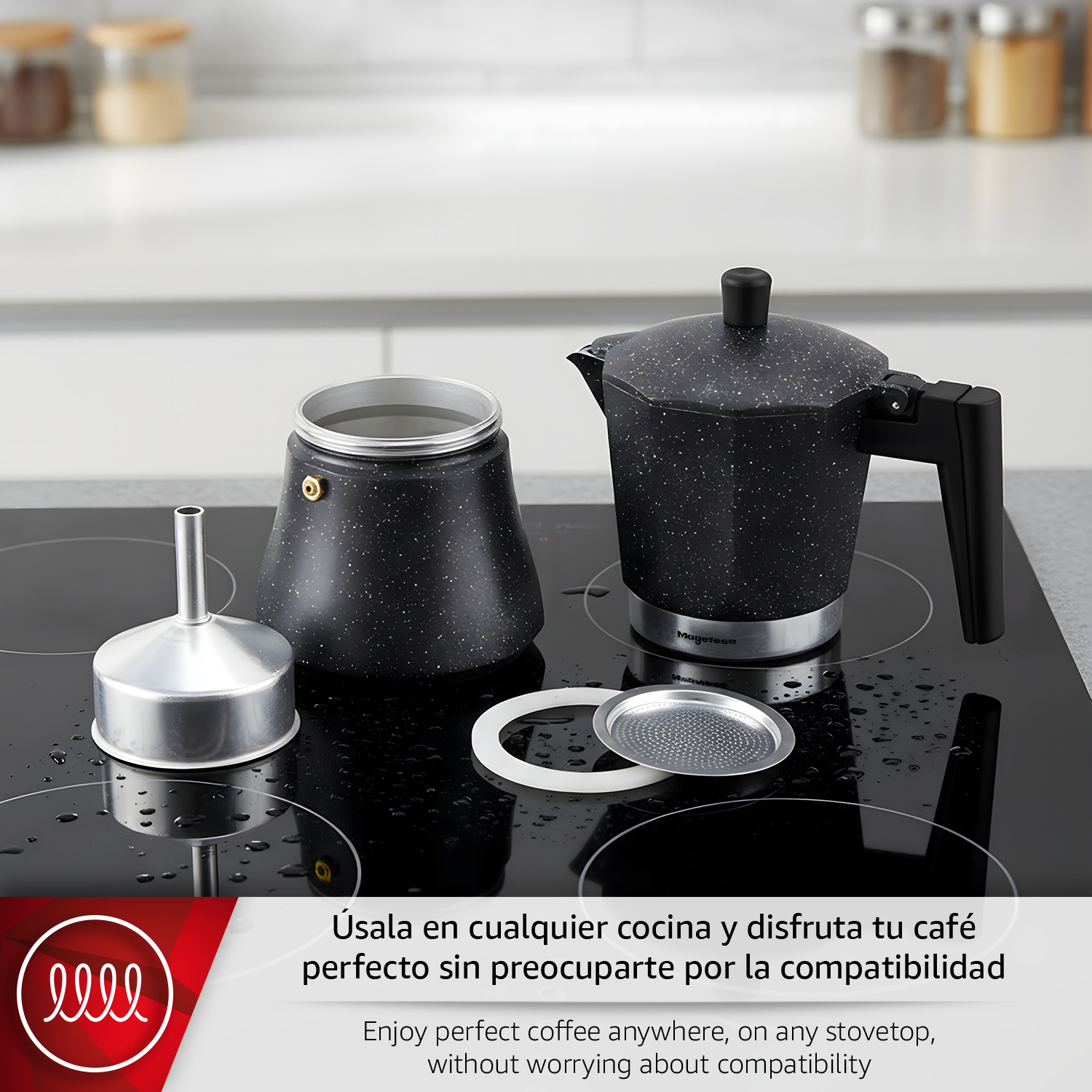 Partes de cafetera italiana en vitrocerámica, con texto.