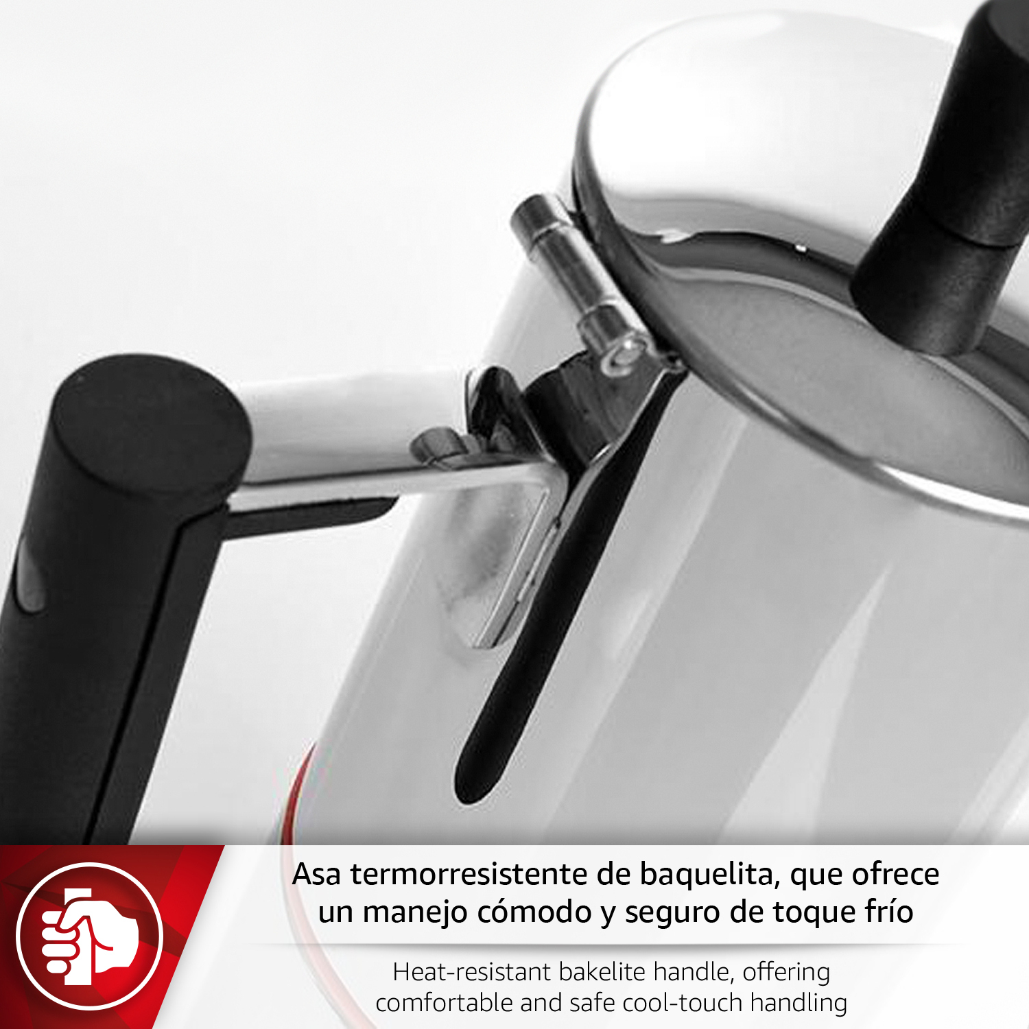 Primer plano de una tetera blanca con asa de baquelita negra.