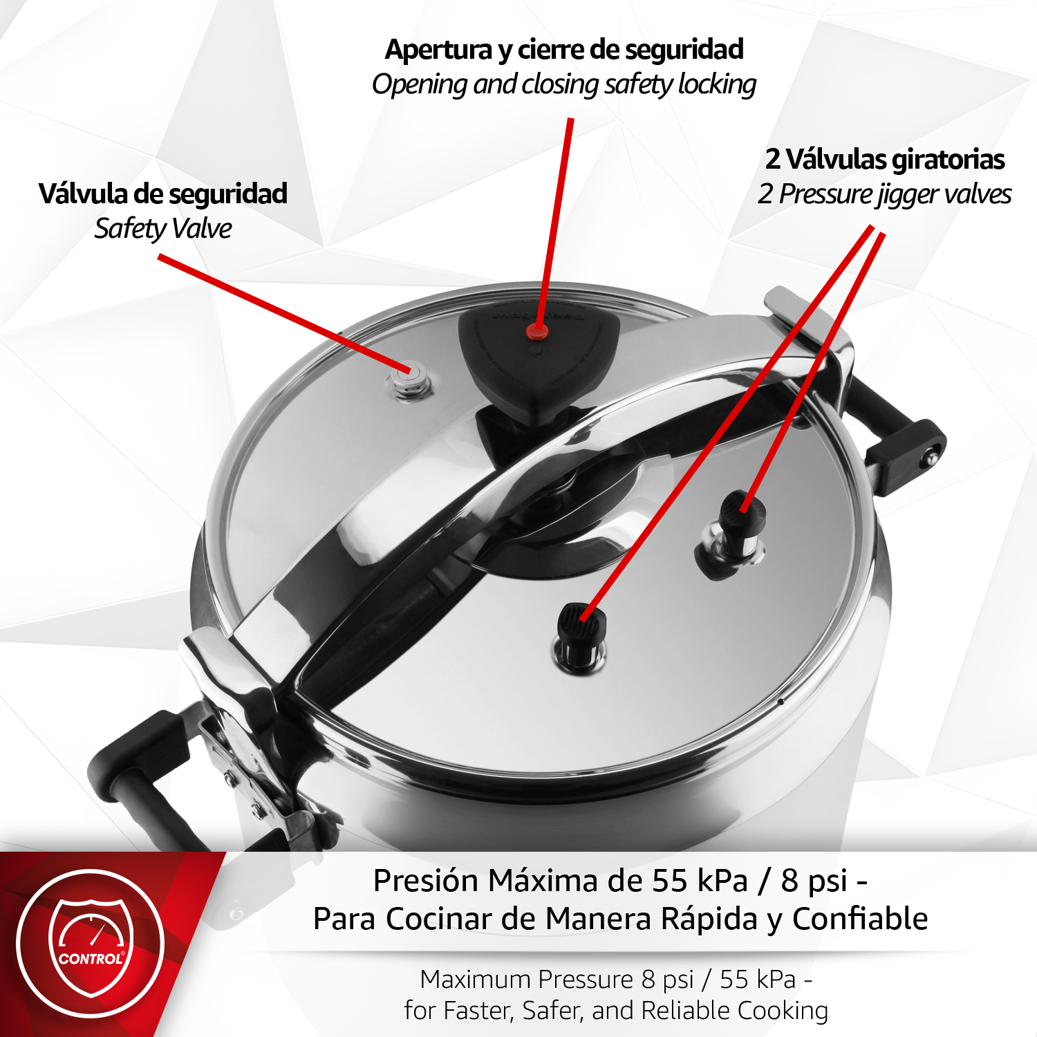 Olla a presión de acero inoxidable con válvulas de seguridad. Presión máxima indicada.