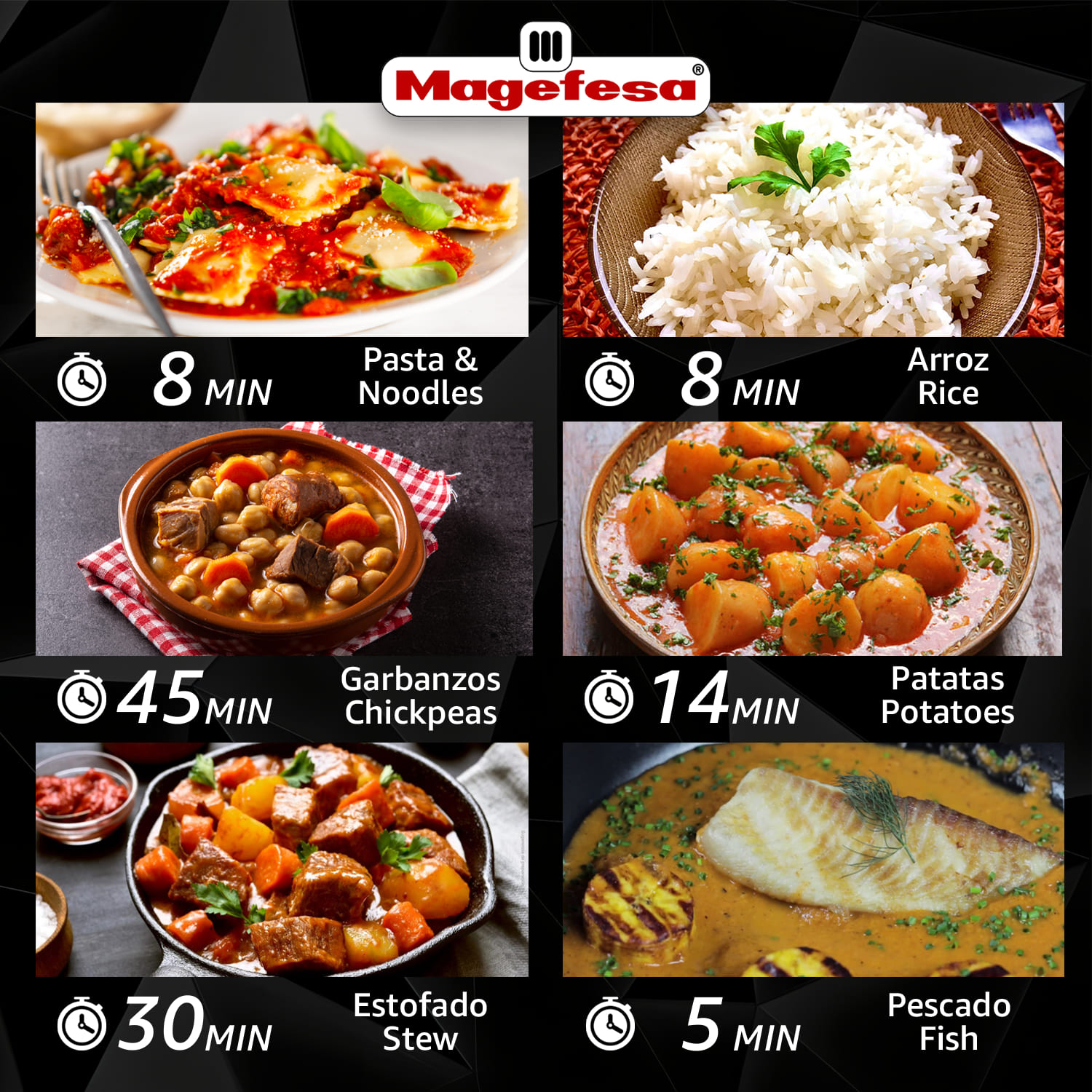 Seis platos: Ravioli, arroz, garbanzos, patatas, estofado y pescado.