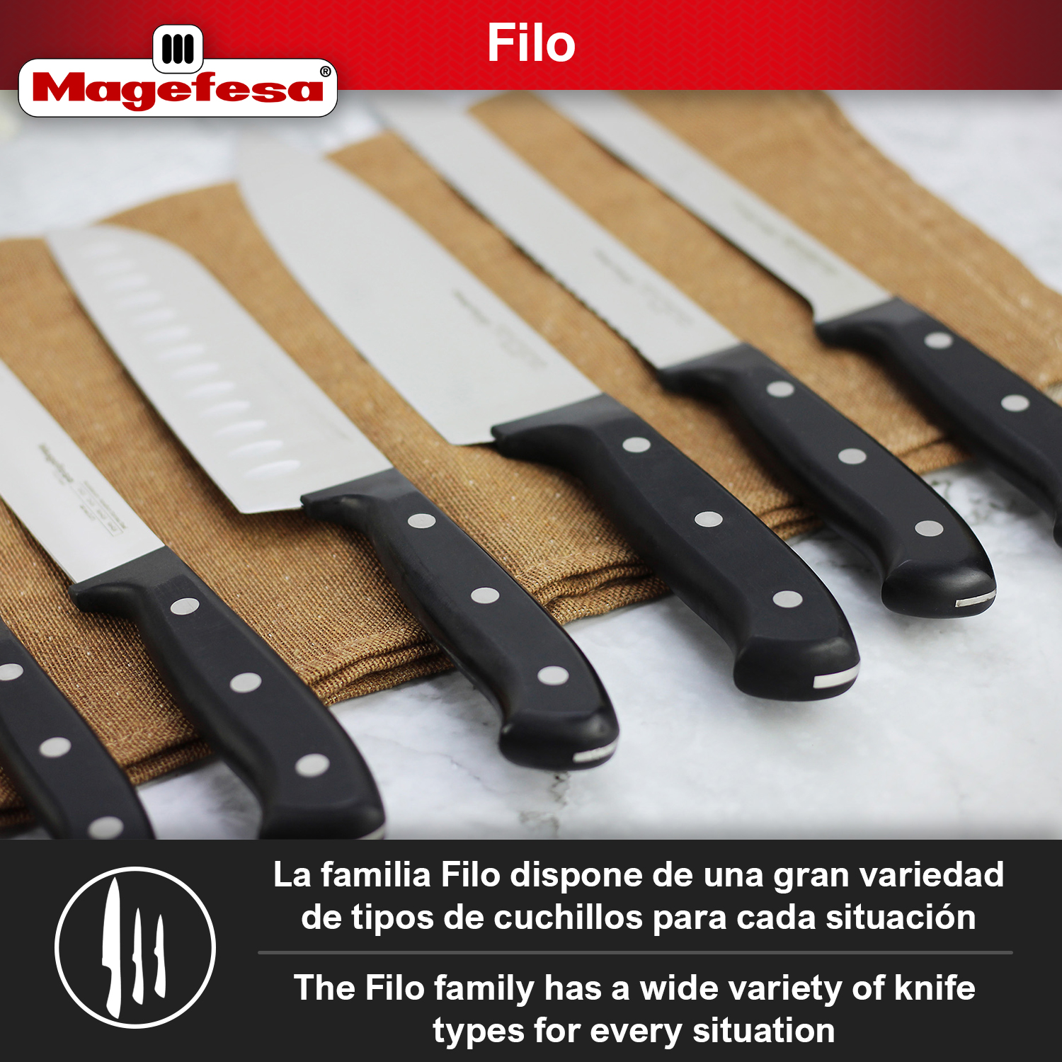 Varios cuchillos Magefesa Filo con mangos negros sobre tela marrón.