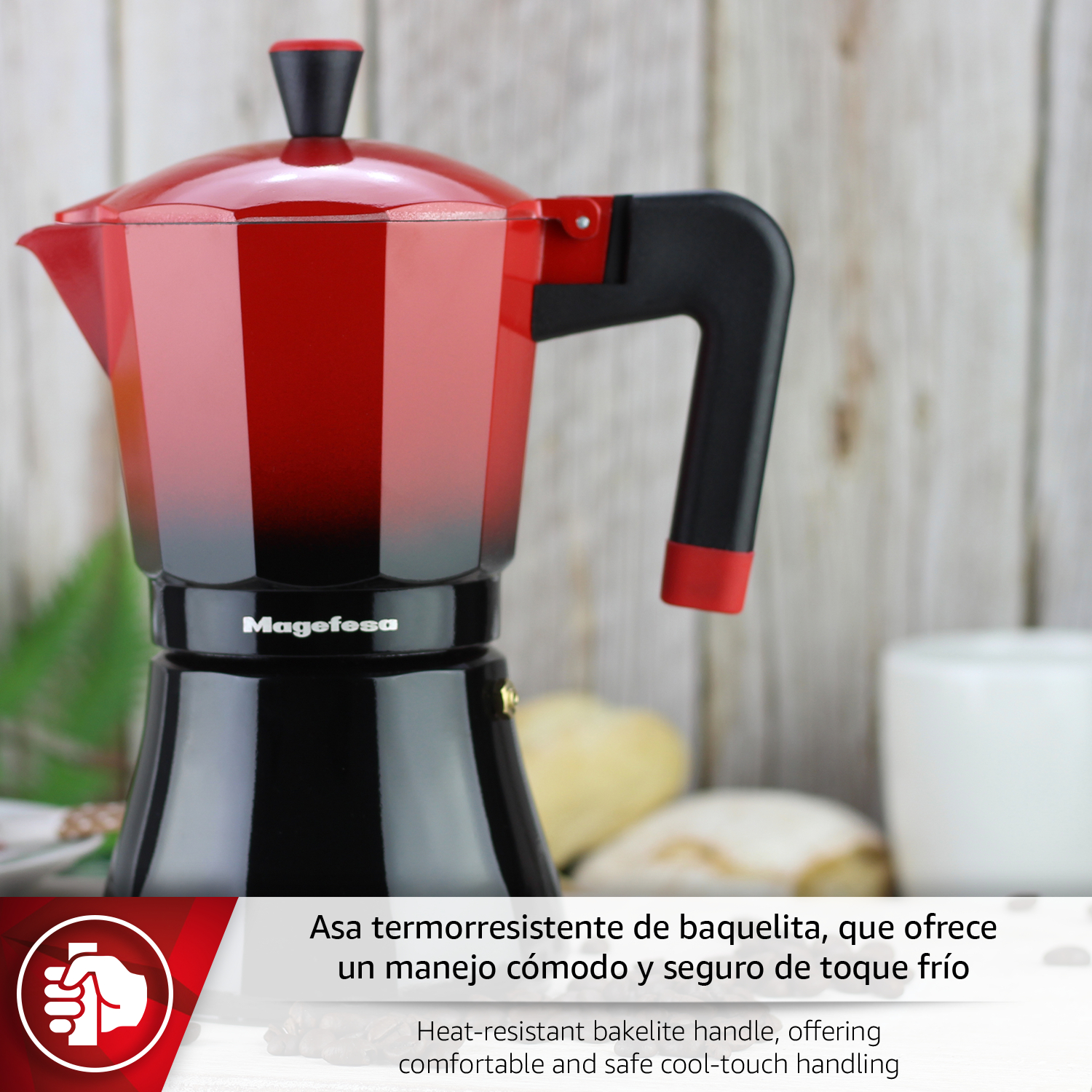 Cafetera roja y negra con fondo de madera y texto.