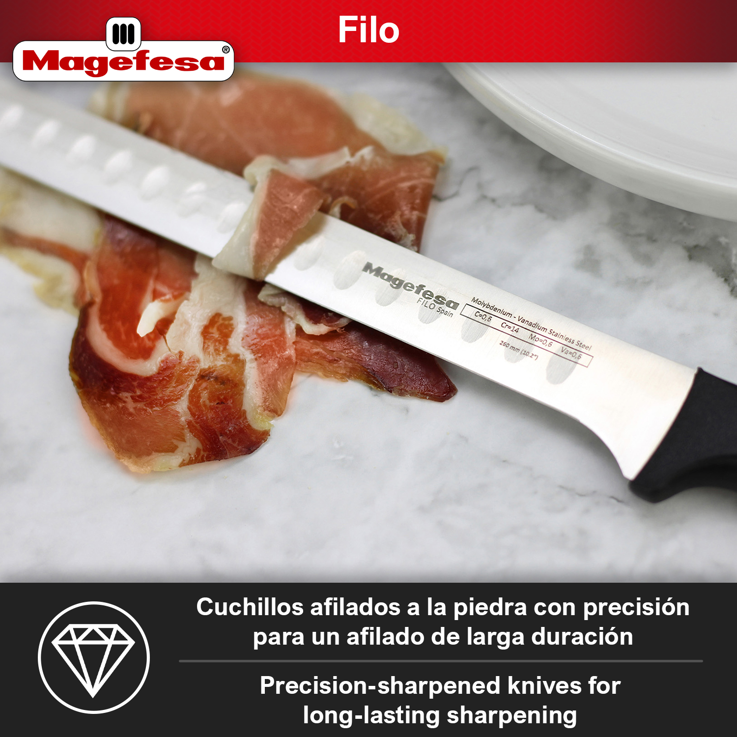 Un cuchillo corta jamón. Se ven los logos "Magefesa" y "Filo".