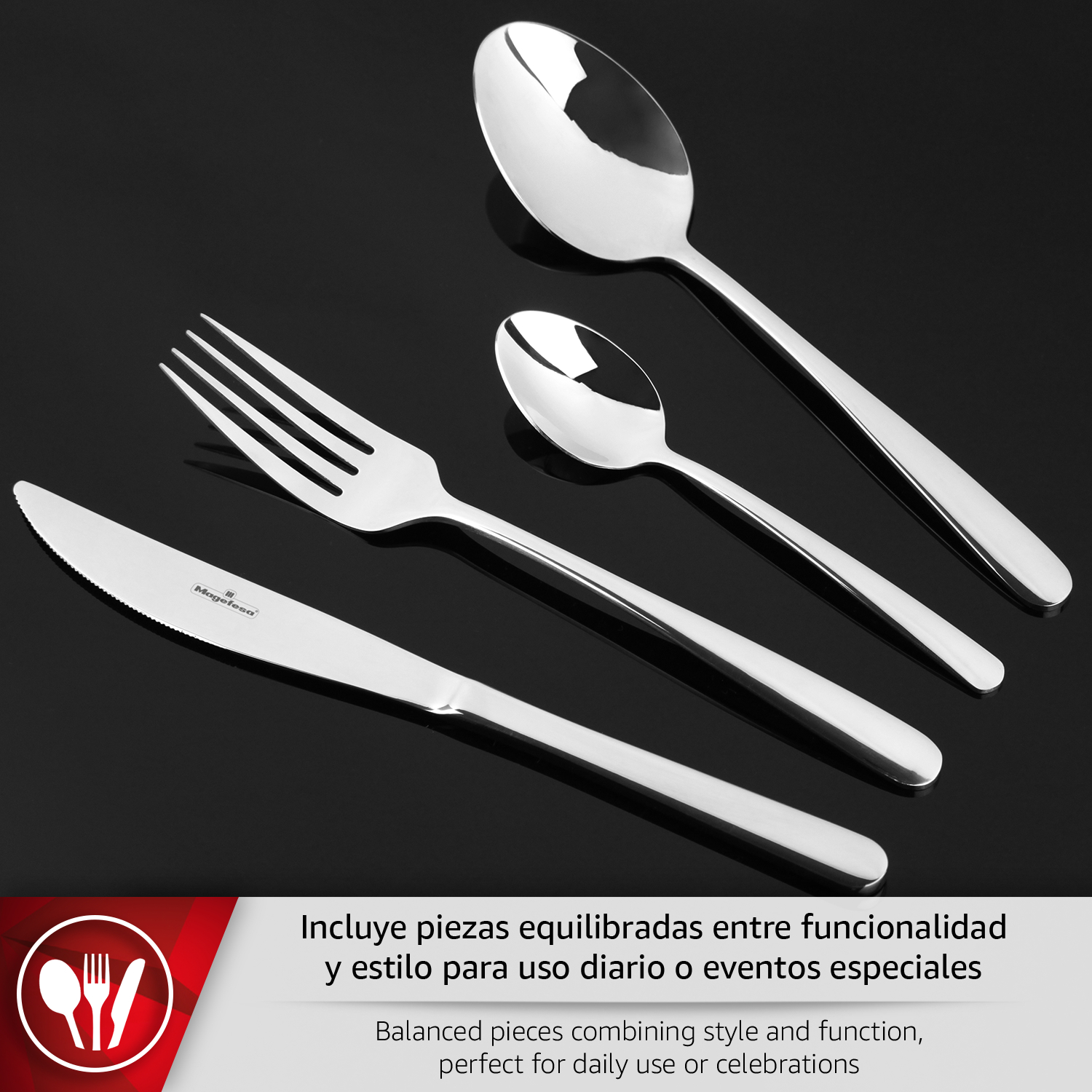 Un cuchillo, tenedor y dos cucharas de metal pulido sobre fondo negro.