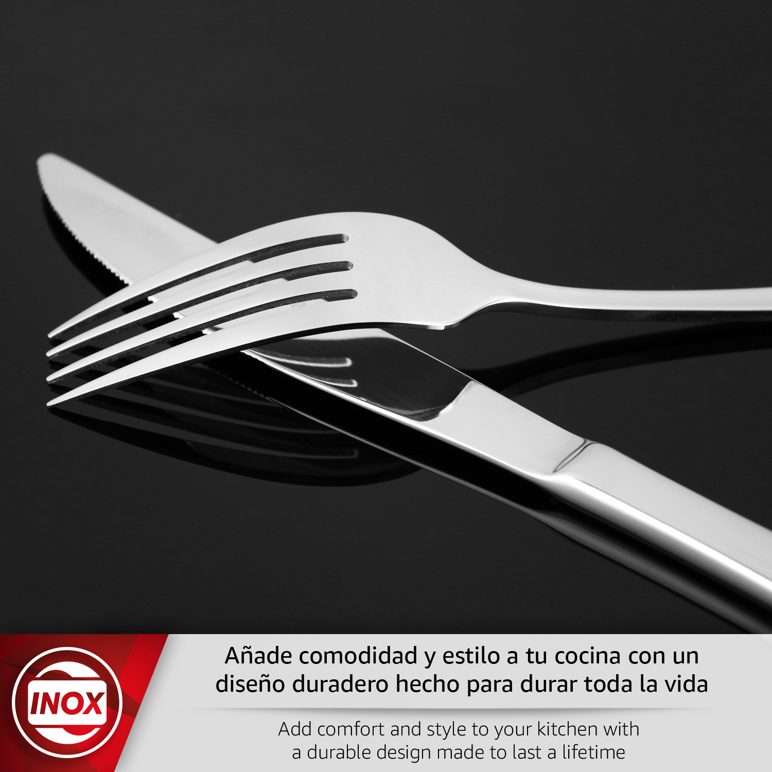 Un cuchillo y un tenedor plateados sobre una superficie negra reflectante.