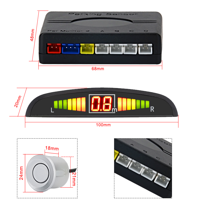 Dimensiones de un sistema de sensores de estacionamiento: unidad de control, pantalla y sensor.