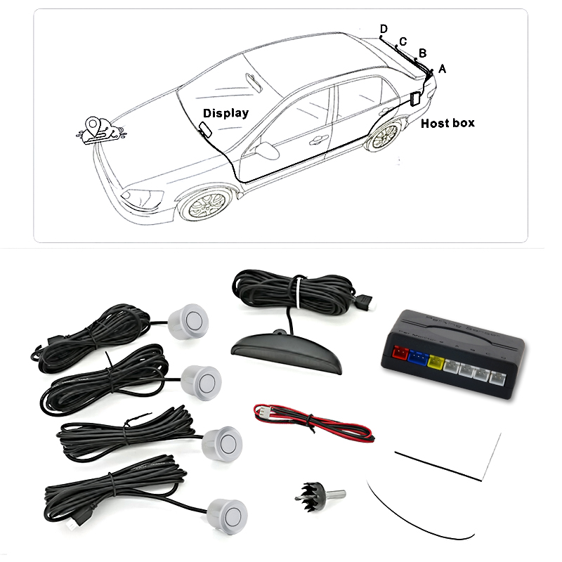 Kit de sensores de estacionamiento para coche con pantalla, caja host, 4 sensores y cables.