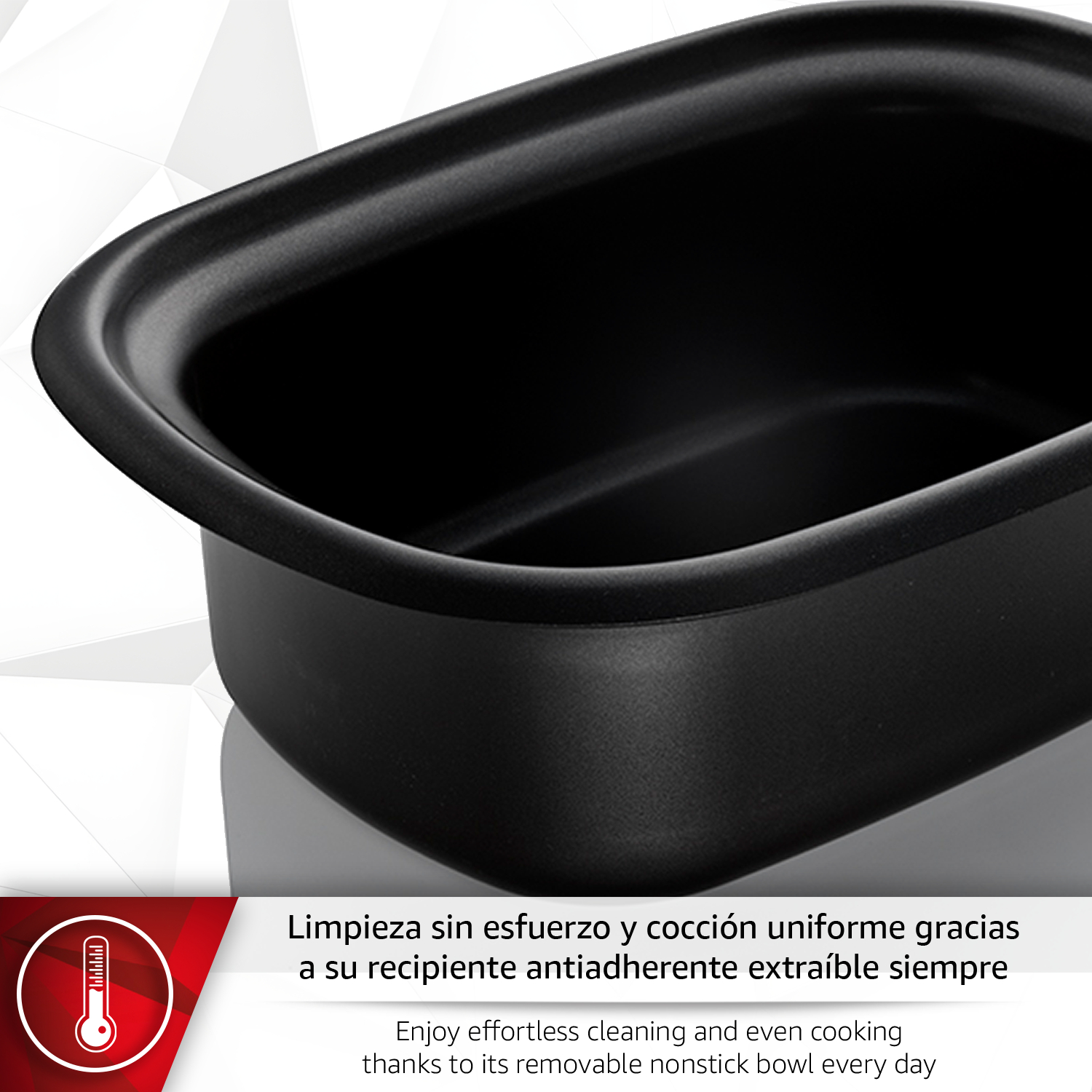 Tazón negro rectangular antiadherente con fondo blanco. Icono de termómetro.