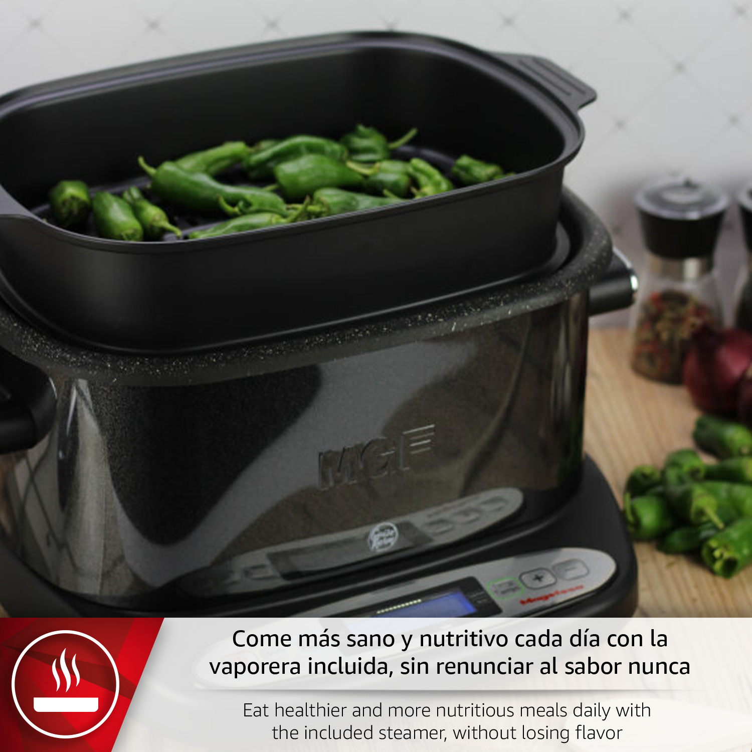 Una olla vaporera con chiles verdes. Logo MGF visible.