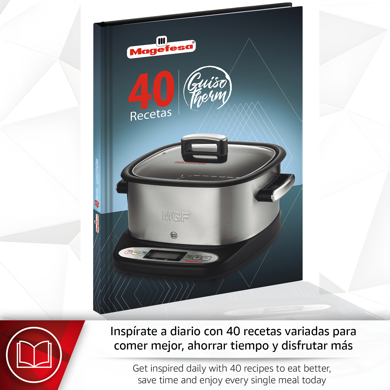 Libro de cocina con logo Magefesa, 40 recetas y una olla de cocción lenta.