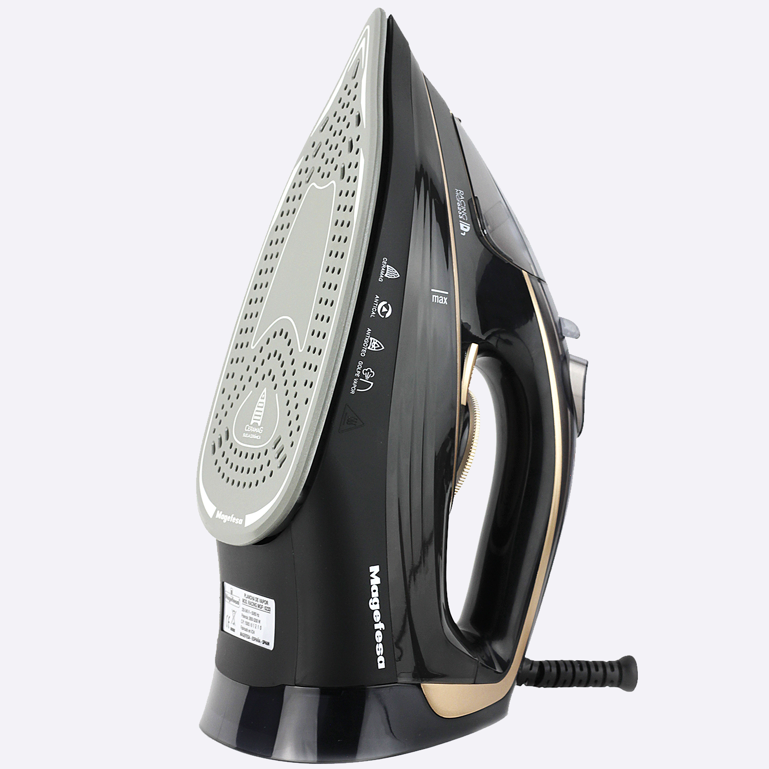 Plancha de vapor negra con detalles dorados y suela de cerámica.