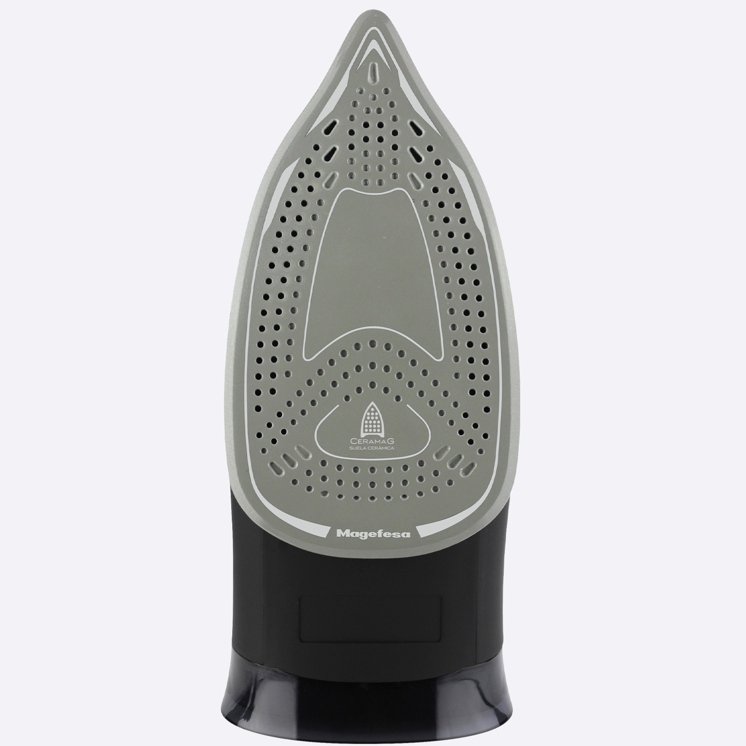 Suela de plancha con orificios de vapor y nombre de marca.